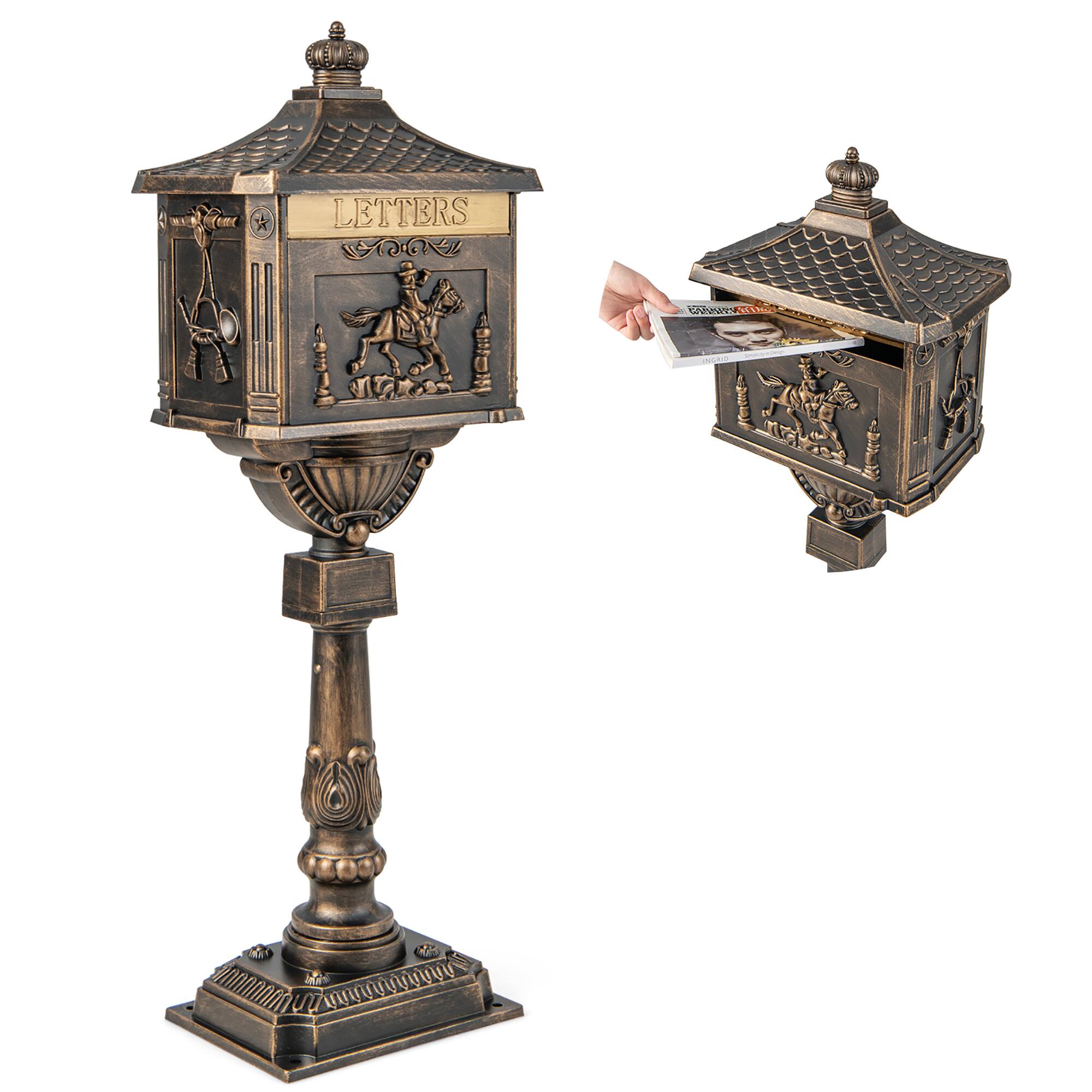 Front. Costway - Costway Retro Cast Aluminum Mailbox Lockable Security Postal Letter Box with Baffle Door - Bronze.