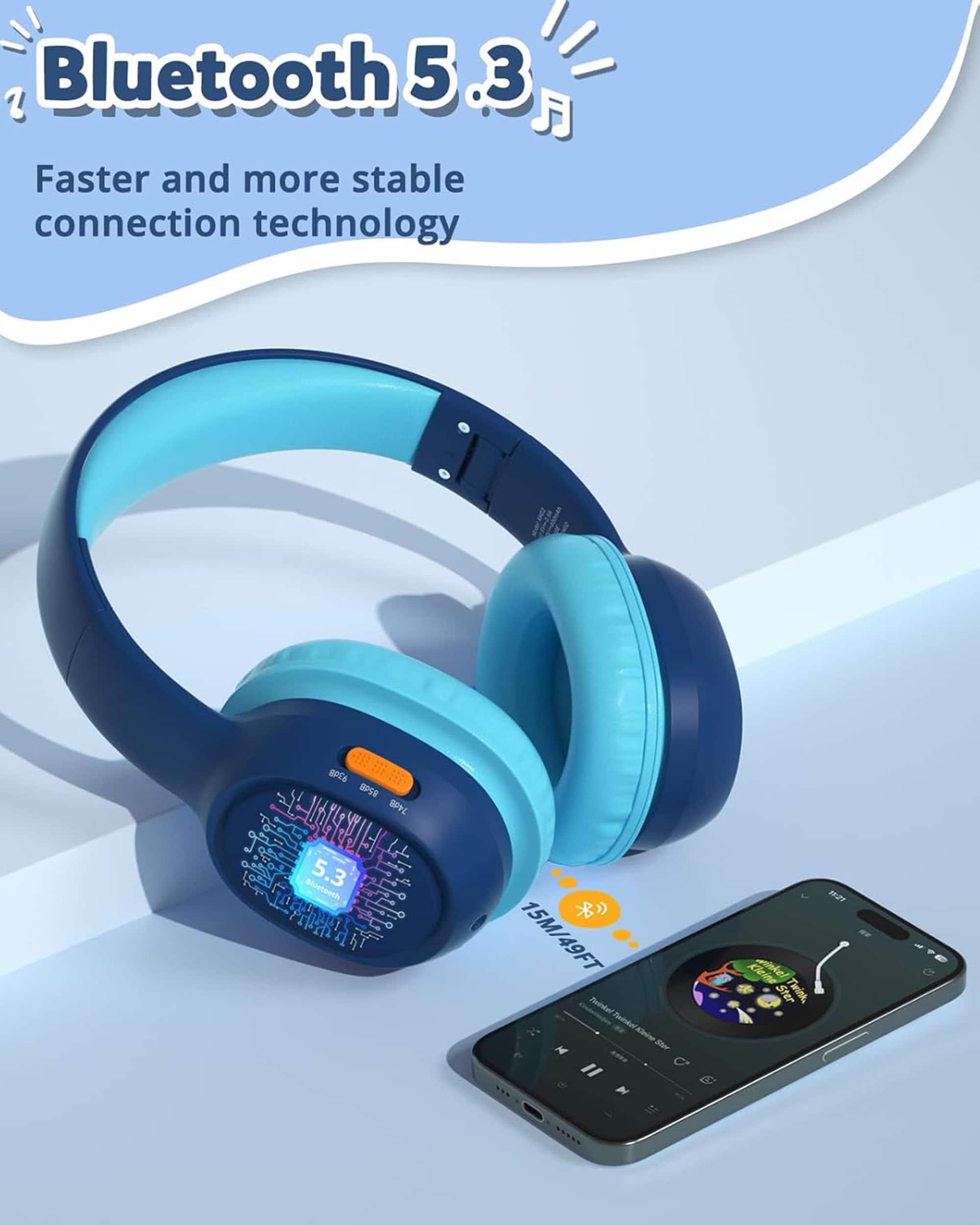 Bluetooth 5.3 is a faster and more stable connection technology. The image features a pair of blue headphones and a cell phone sitting on a table.