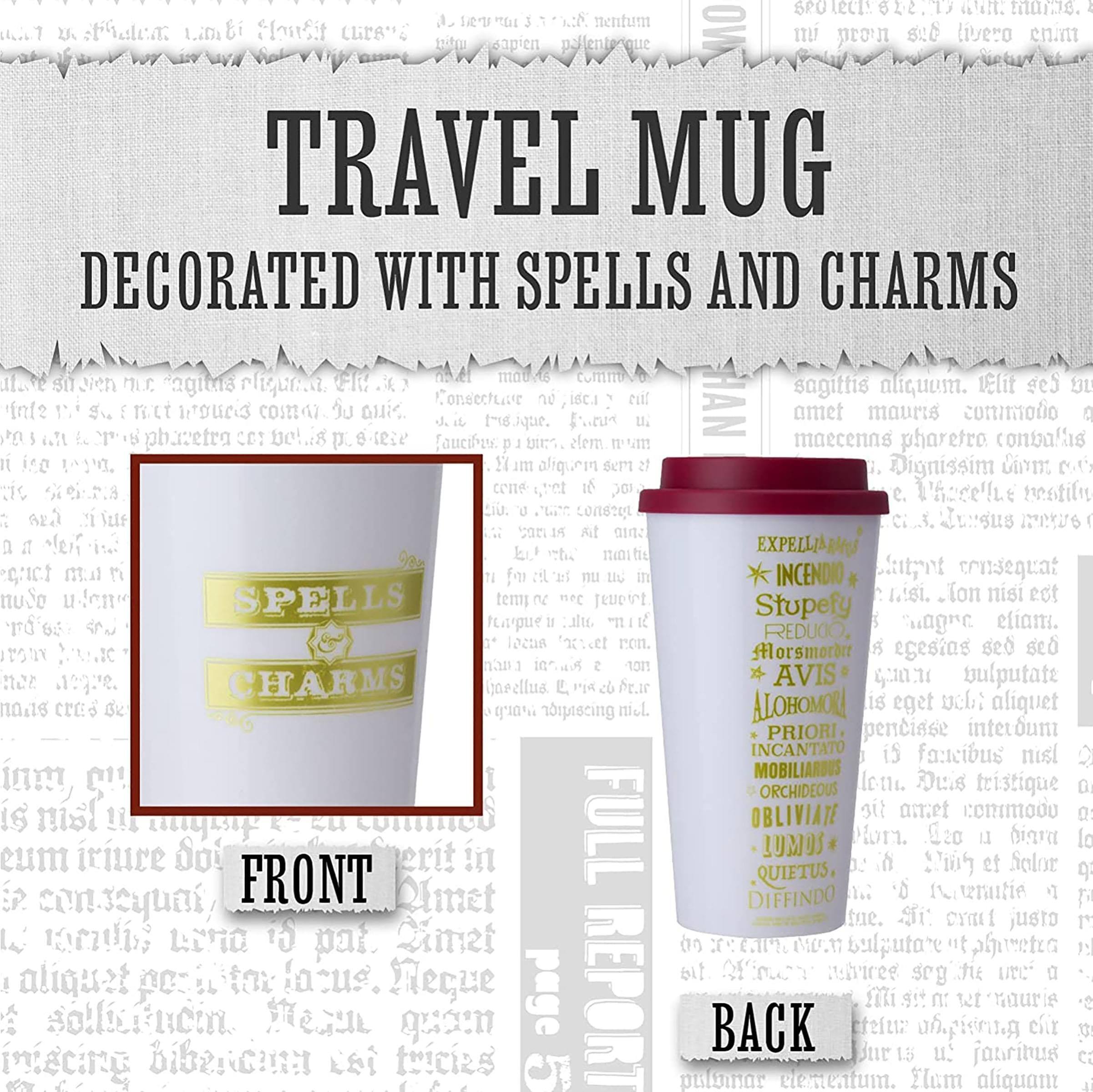 Sure, here is the corrected and grouped text from the image:

---

**TRAVEL MUG**  
**DECORATED WITH SPELLS AND CHARMS**

---

**FRONT**

**SPELLS**  
- EXPELLIARMUS  
- INCENDIO  
- STUPEFY  
- REDUCIO  
- ALOHOMORI  
- PRIORI INCANTATO  
- MOBILIARDUS  
- ORCHIDEOUS  
- OBLIVIATE  
- QUIETUS  
- DIFFINDO  

**CHARMS**  
- Carellus  
- Avis  
- Bulputate  
- Cres  
- Nicl  

---

**BACK**

---

**SPELLS**  
- EXPELLIARMUS  
- INCENDIO  
- STUPEFY  
- REDUCIO  
- ALOHOMORI  
- PRIORI INCANTATO  
- MOBILIARDUS  
- ORCHIDEOUS  
- OBLIVIATE  
- QUIETUS  
- DIFFINDO  

**CHARMS**  
- Carellus  
- Avis  
- Bulputate  
- Cres  
- Nicl  

---

**FRONT**  
**BACK**