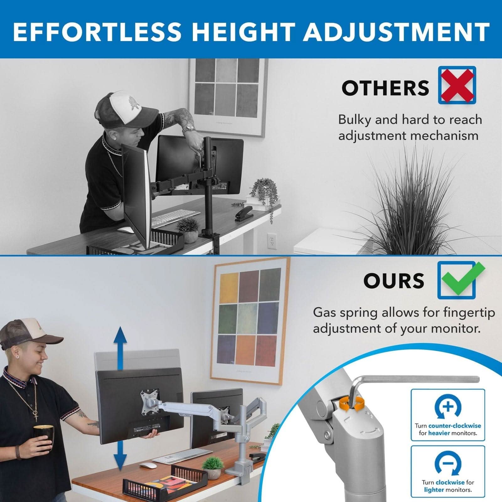 EFFORTLESS HEIGHT ADJUSTMENT

OTHERS
Bulky and hard to reach adjustment mechanism

OURS
Gas spring allows for fingertip adjustment of your monitor.
+ Turn counter-clockwise for heavier monitors.
Turn clockwise for lighter monitors.