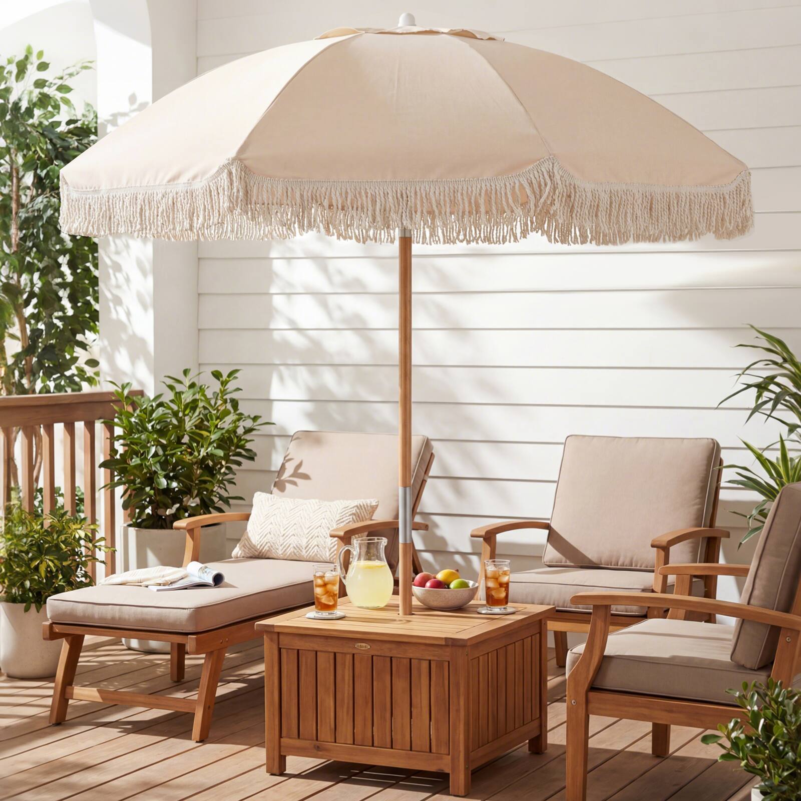 Alt View 4. Gymax - Gymax 6 FT Patio Umbrella w/ Fringe Push Button Tilt 8 Sturdy Ribs Wood Pole - White.