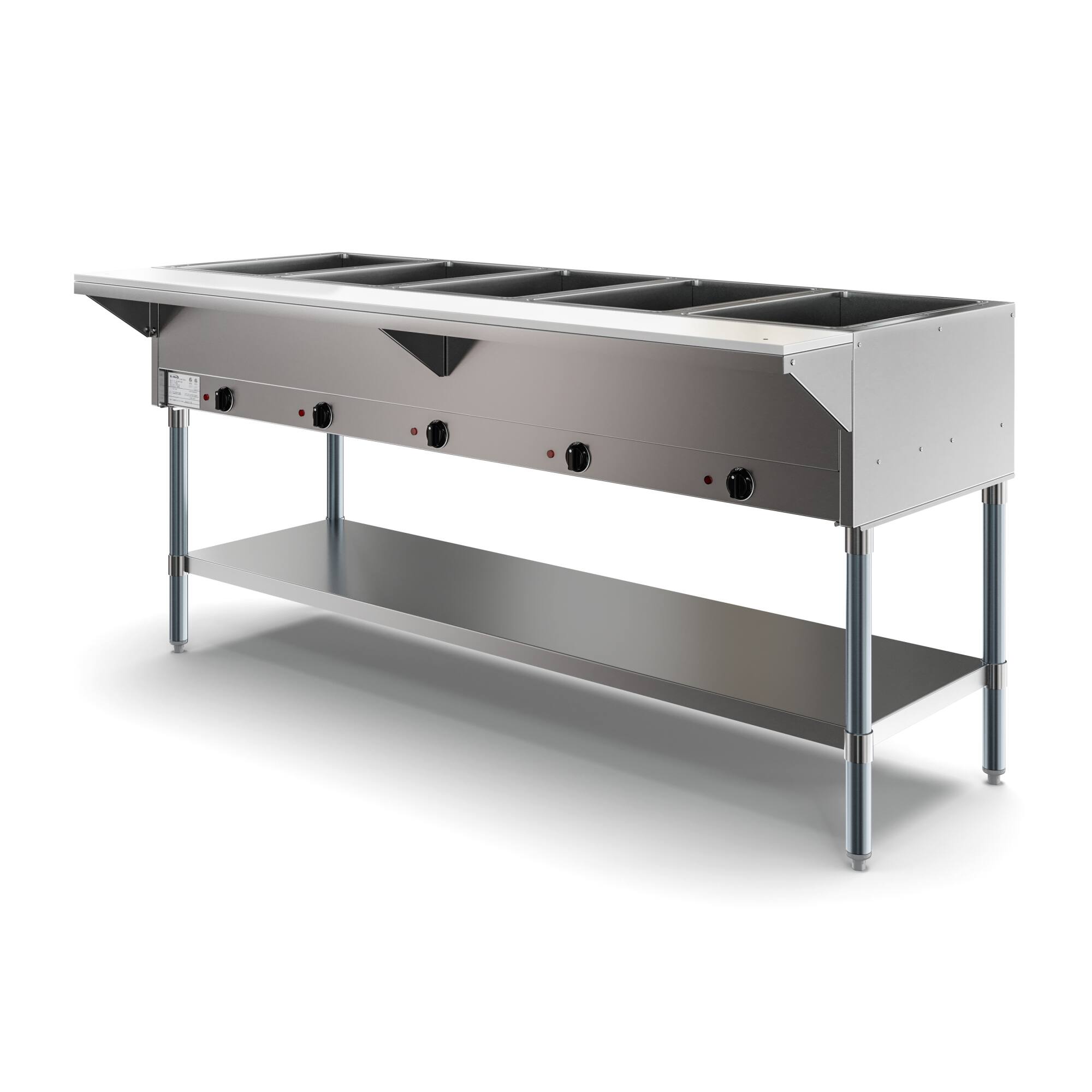 Left. Koolmore - Five Pan Open Well Electric Steam Table with Undershelf, 240V, KM-OWS-5. - Silver.