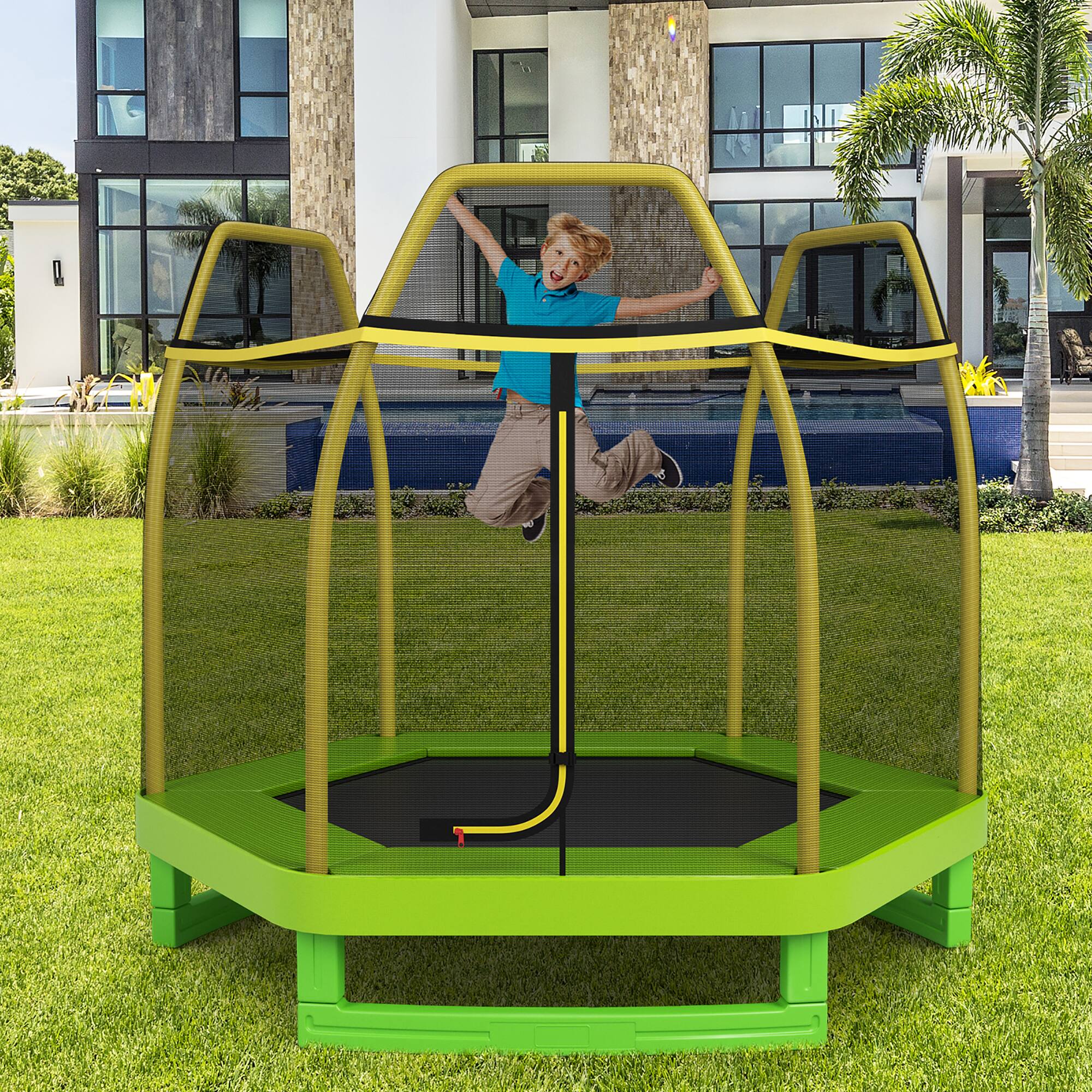 Alt View 1. Costway - Costway 7FT Kids Trampoline Outdoor Indoor Recreational Bounce Jumper - Yellow Pole,Green Mat.