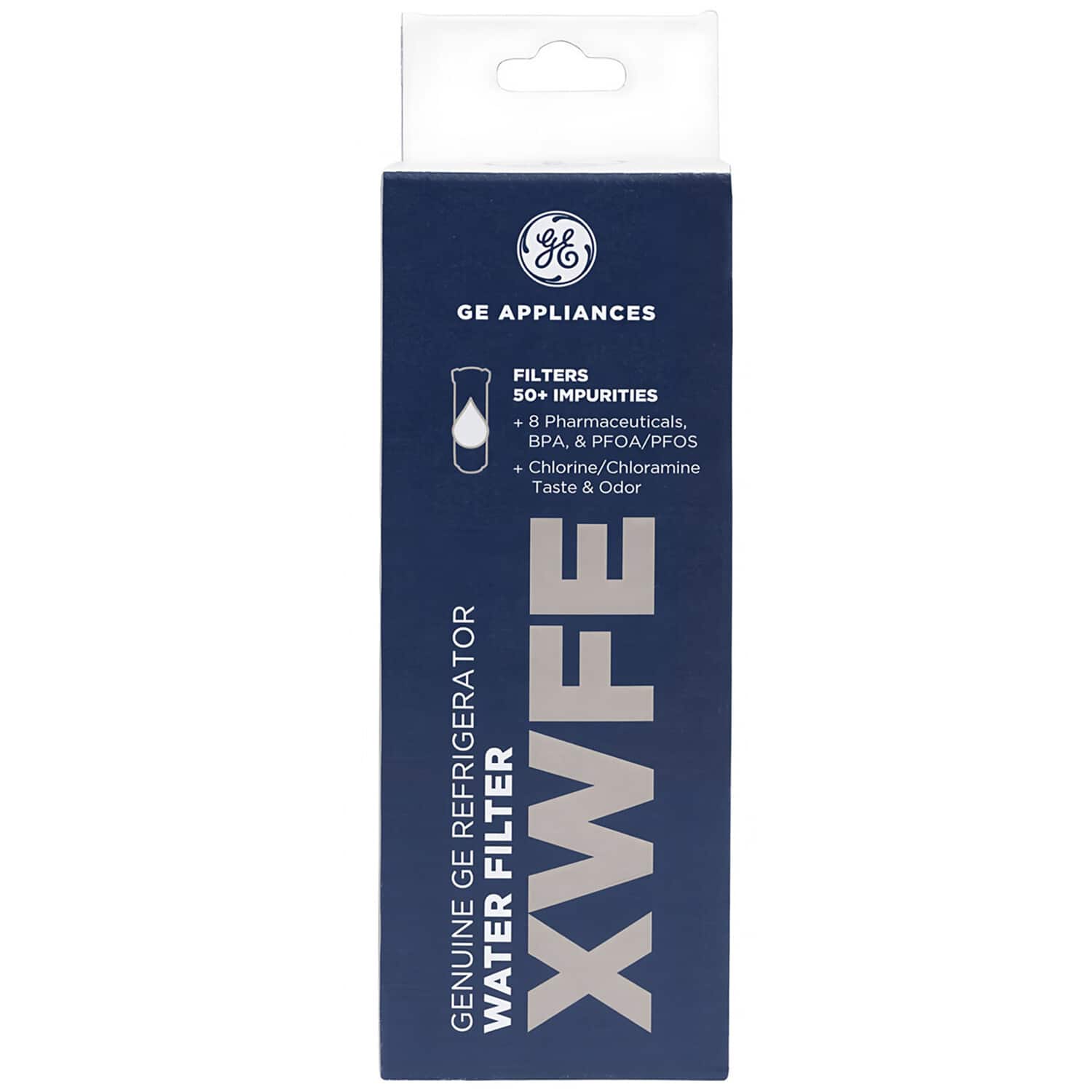 GE Appliances Filters  
50+ Impurities  
- Pharmaceuticals  
- BPA, & PFOA/PFOS  
- Chlorine/Chloramine  
- Taste & Odor  

Genuine GE Refrigerator Water Filter  
XWFE