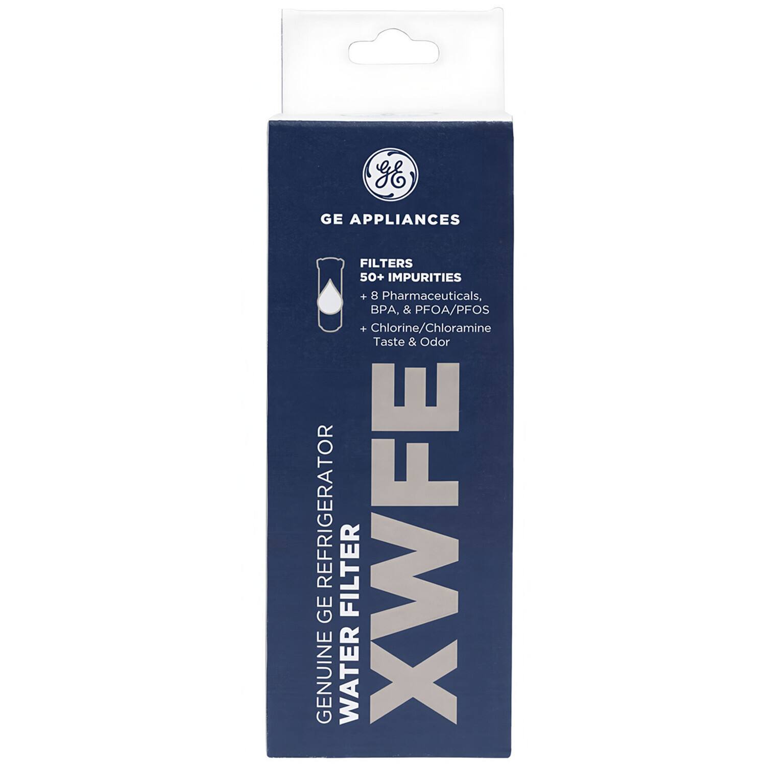 GE Appliances Filters  
50+ Impurities  
- Pharmaceuticals  
- BPA, & PFOA/PFOS  
- Chlorine/Chloramine  
- Taste & Odor  

Genuine GE Refrigerator Water Filter  
XWFE
