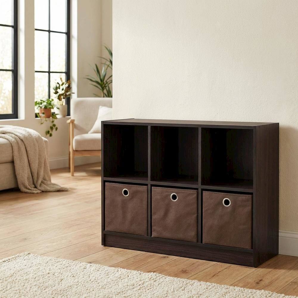 Left. FurniFact - Wooden 3x2 Bookcase with Bins for Organized Storage in Walnut Finish - Dark Walnut.