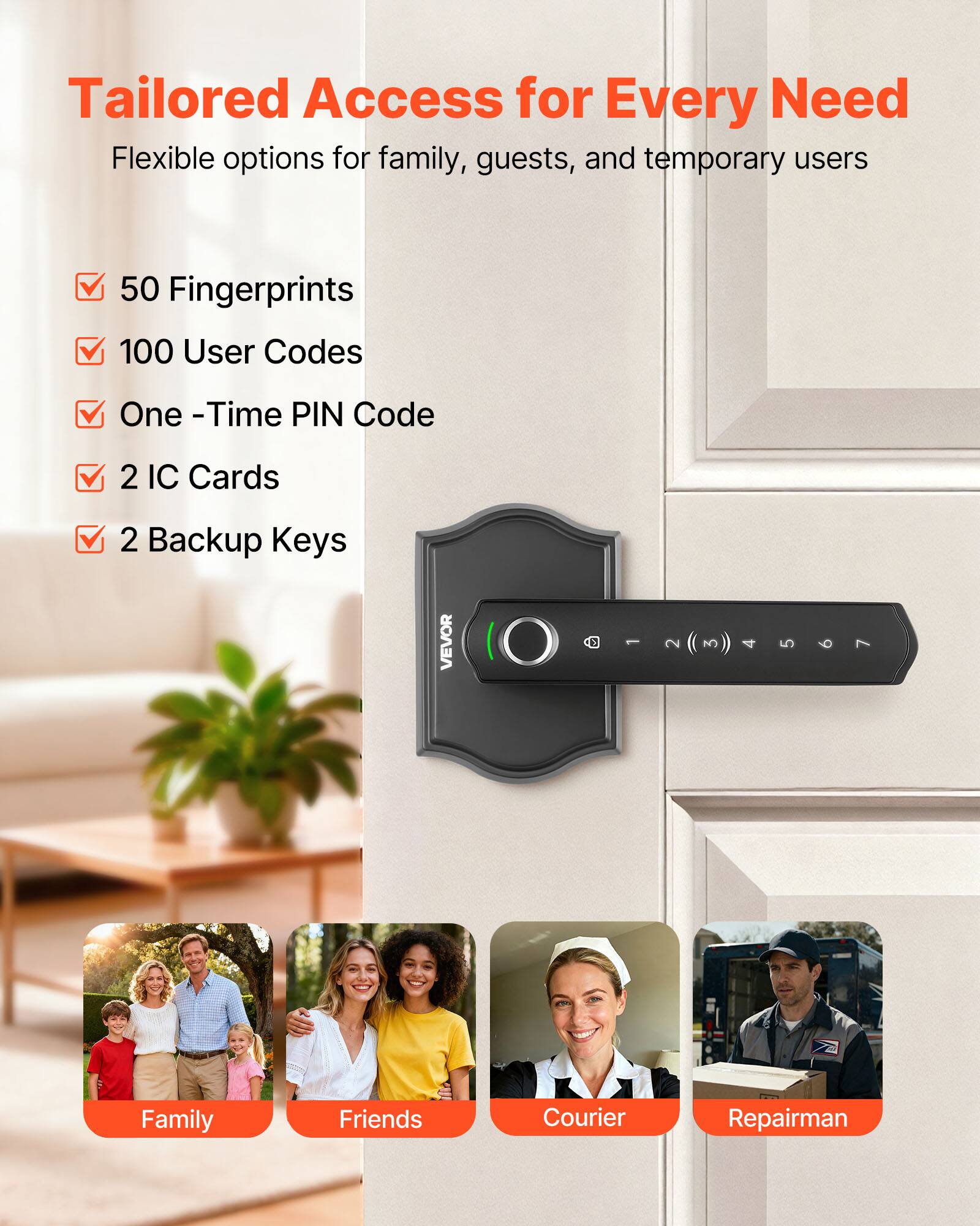 Tailored Access for Every Need  
Flexible options for family, guests, and temporary users  

- 50 Fingerprints  
- 100 User Codes  
- One-Time PIN Code  
- 2 IC Cards  
- 2 Backup Keys  

Family  
Friends  
Courier  
Repairman