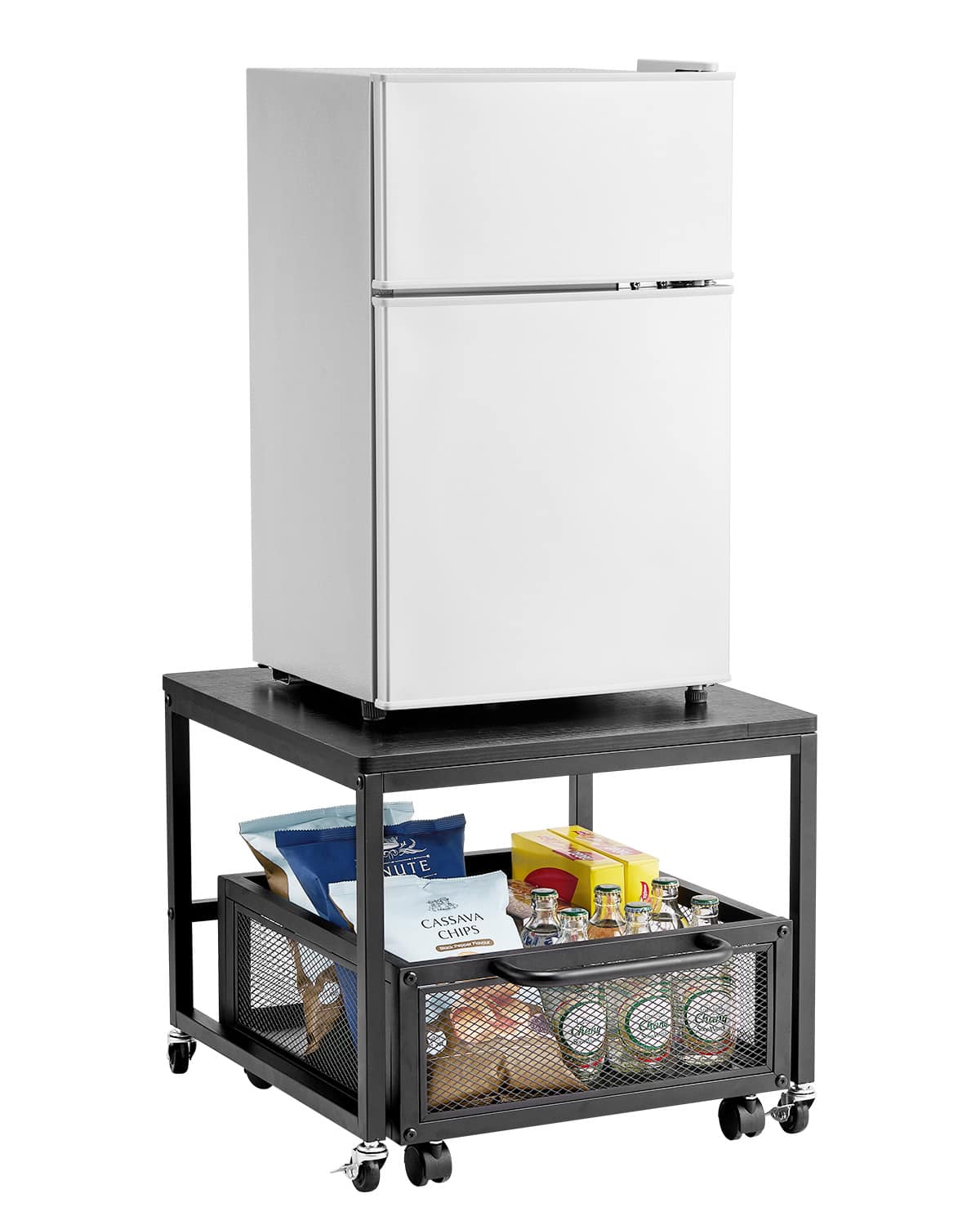 VEVOR - Mini Fridge Stand with Storage, 198 lbs Mini Fridge Table with Movable Storage Cart & Swivel Wheels, Refrigerator Stand - Black