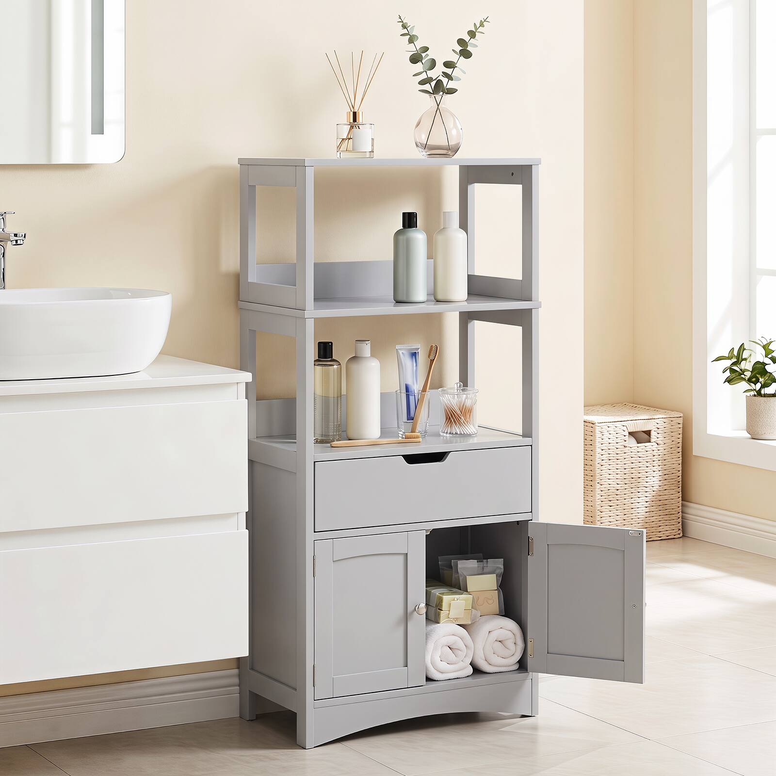 Alt View 4. Gymax - Gymax Kitchen Pantry Cabinet w/ Open Shelves Drawer & Doors Floor Storage Cabinet for Bathroom Gray - Grey.