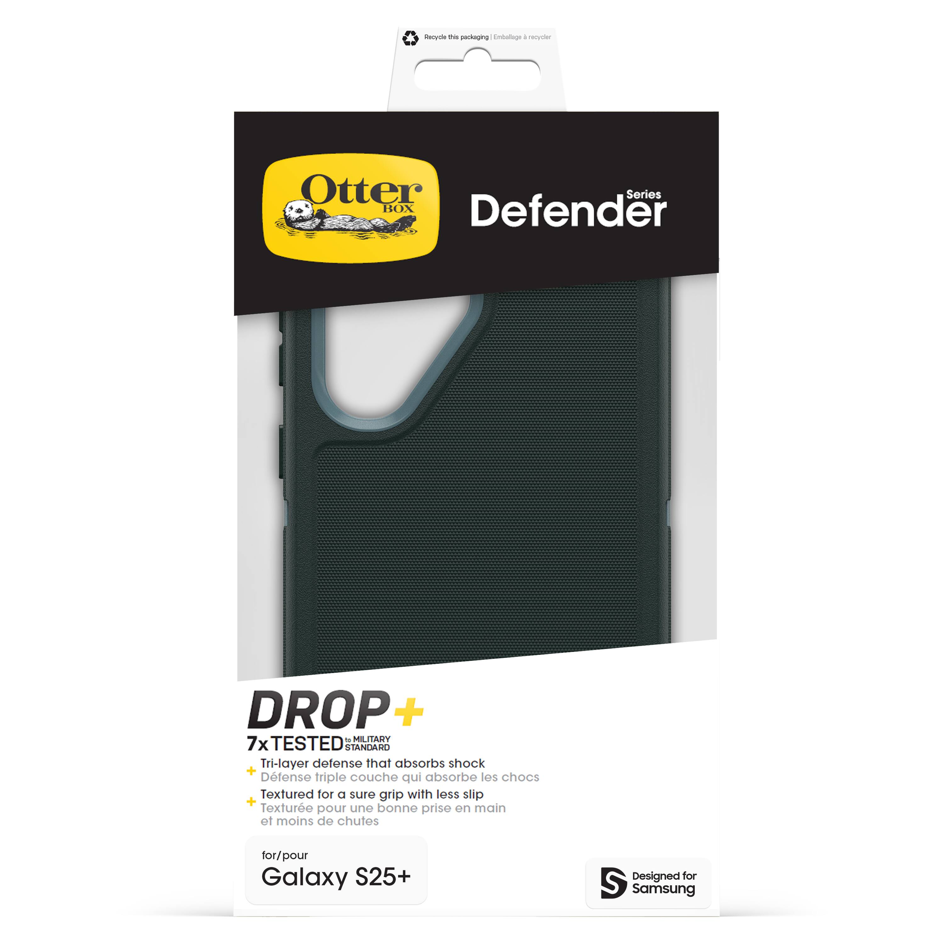 The text on the image reads: "Scyda The gedlaging Enbolnge - eetter Otter Series BOX Defender DROP +. MEE JTARY 7x TESTED I STANDARD Tri-layer defense that absorbs shock + Dtense triple couche qui absorbe los chocs Textured for a sure grip with less slip + Texture pour une bonne prise en main et moins de chutes for/pour Galaxy S25+ Designed for Samsung."