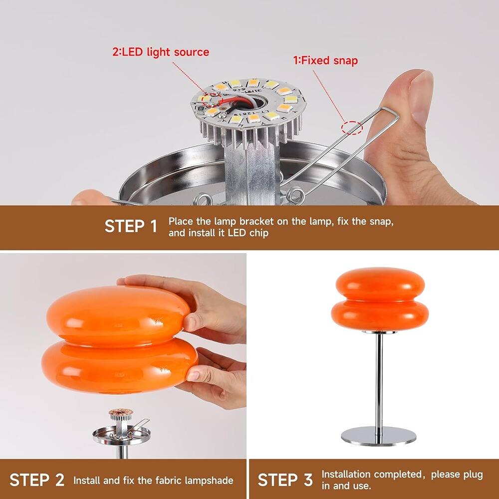 1: Fixed snap  
2: LED light source  

STEP 1  
Place the lamp bracket on the lamp, fix the snap, and install it LED chip  

STEP 2  
Install and fix the fabric lampshade  

STEP 3  
Installation completed, please plug in and use.