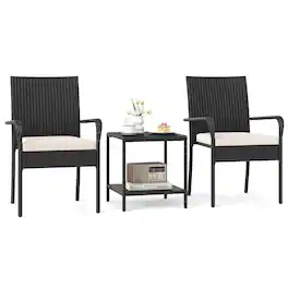 Costway - 3 PCS Patio Furniture Set with 2-Tier Table Tempered Glass Tabletop & Soft Cushions - White