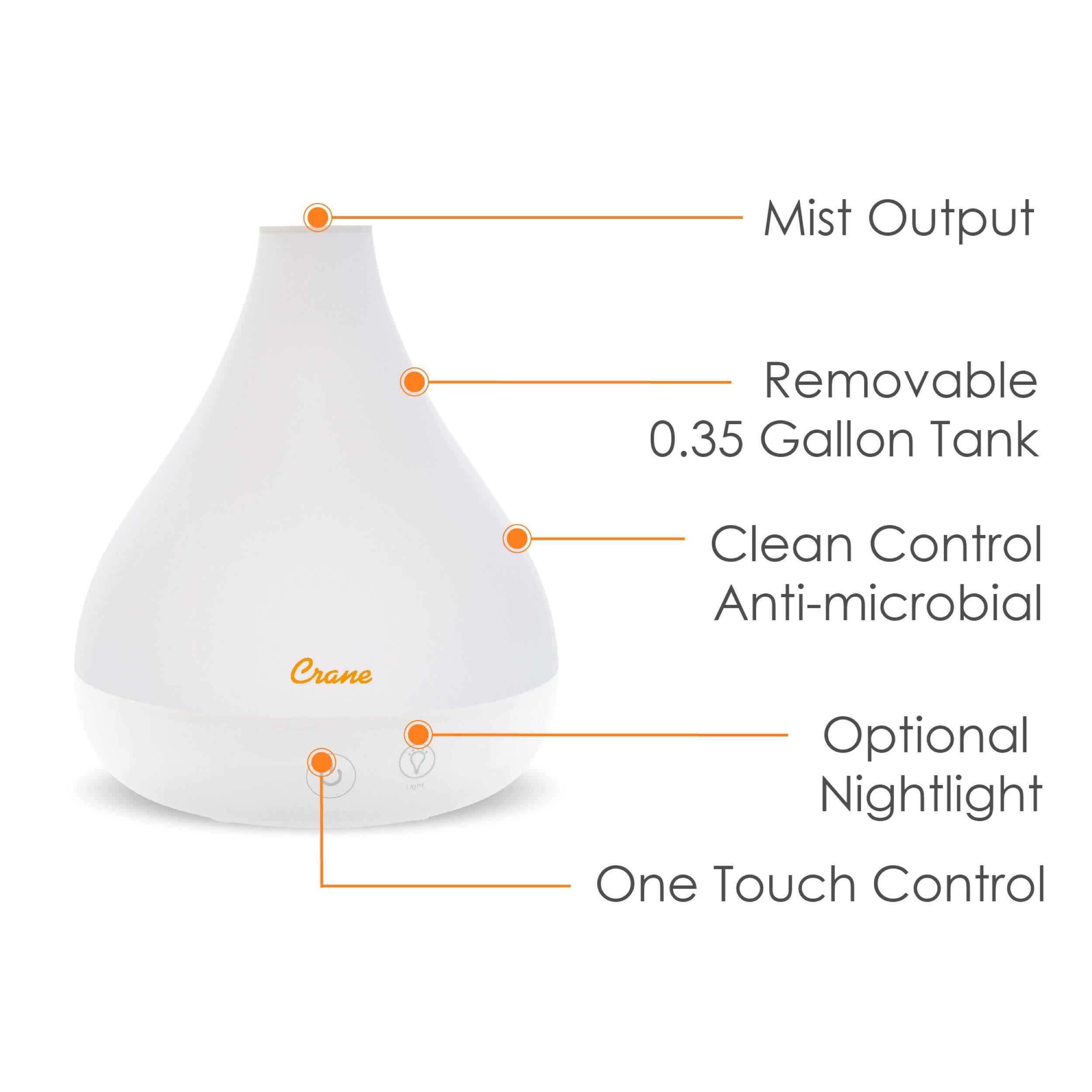 Left. CRANE - 0.35 Gal. 2-in-1 Ultrasonic Cool Mist Humidifer & Aroma Diffuser - White.