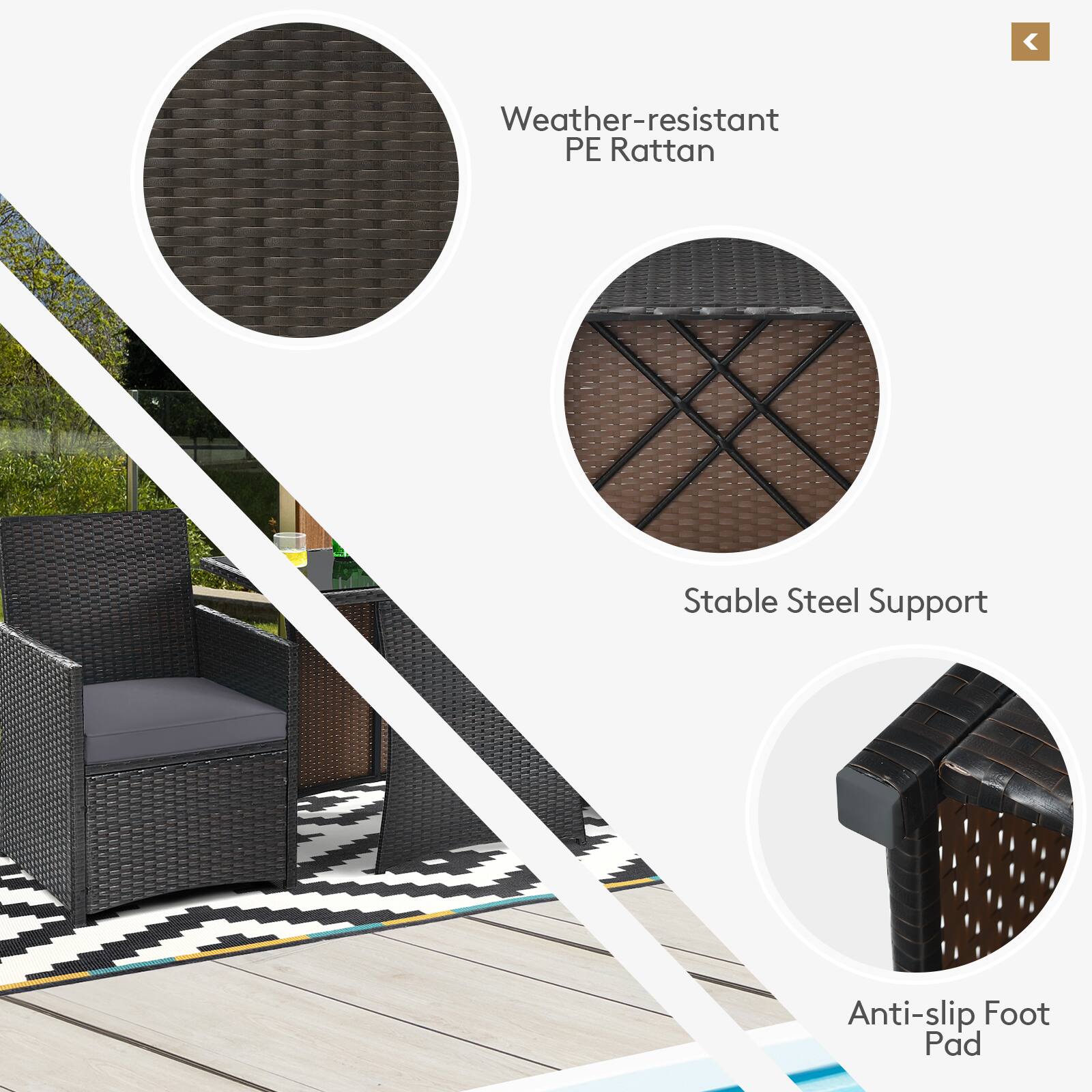 Weather-resistant PE Rattan, Stable Steel Support, Anti-slip Foot Pad