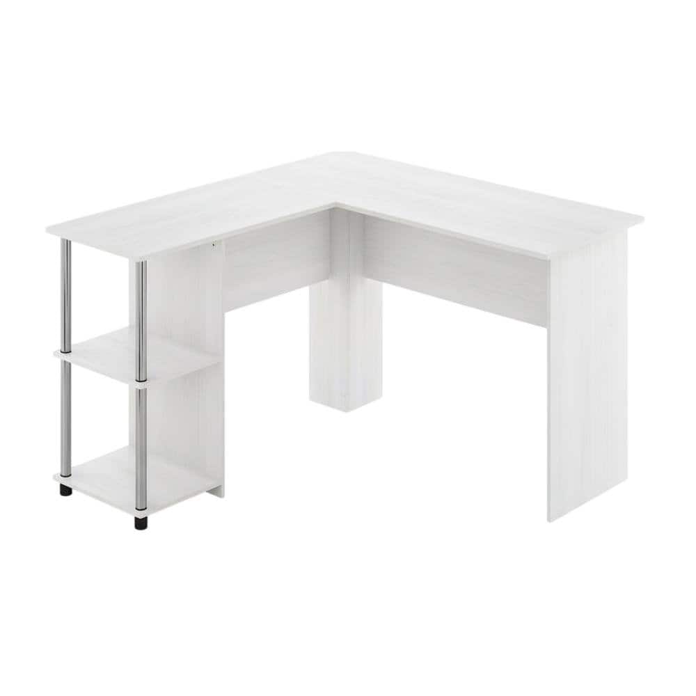BisonOffice - L-Shape Desk, Stainless Steel Tubes And White Oak Finish For Modern Workspaces - White Oak/Chrome