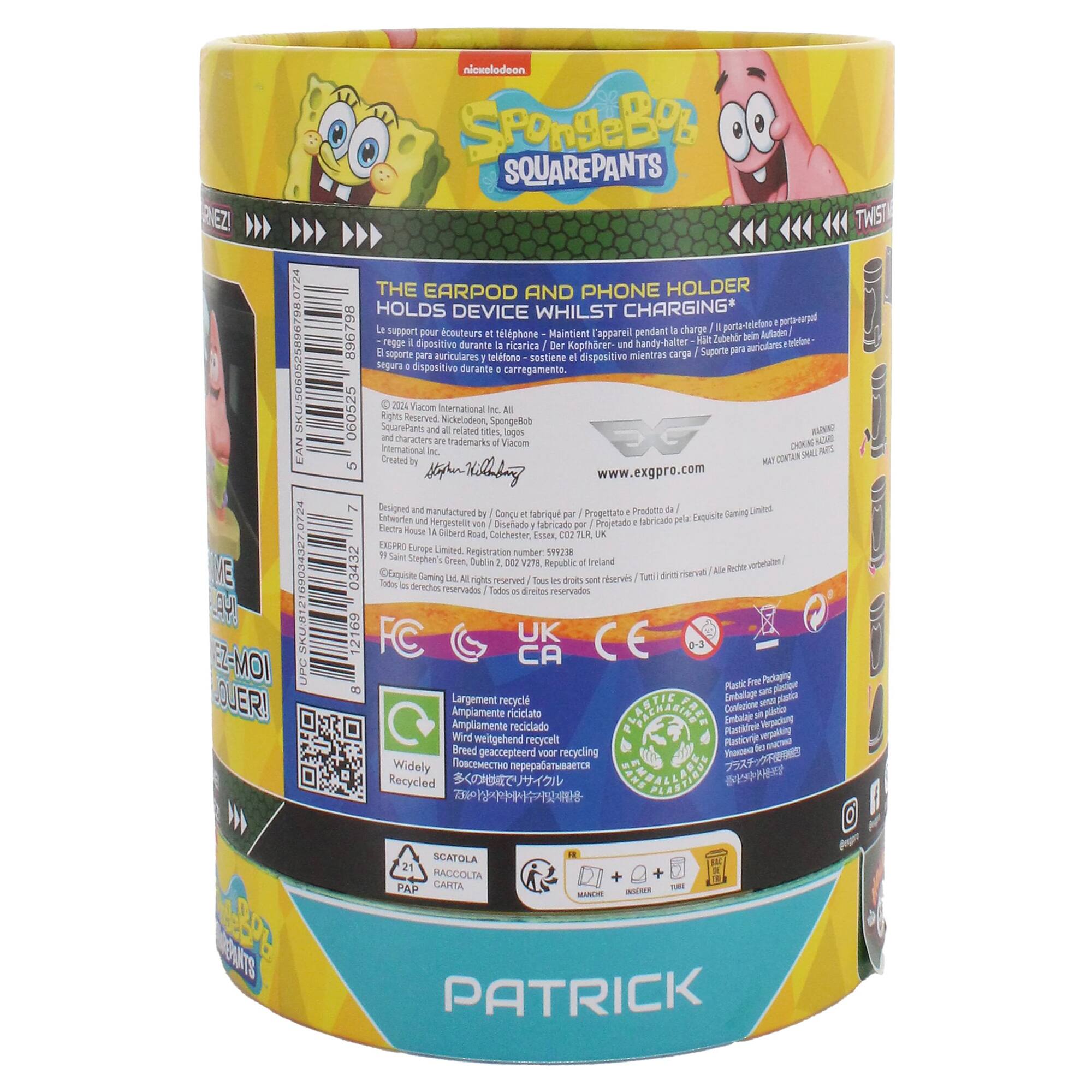 The image features a yellow and blue container with a Spongebob Squarepants design. The container is labeled with the name "Patrick" and is described as a phone holder. The product is designed to hold a phone while charging, ensuring that the device is secure and easily accessible. The container is made by Viacom International Inc. and is part of the Spongebob Squarepants product line. The product is available in a variety of colors, including yellow and blue.