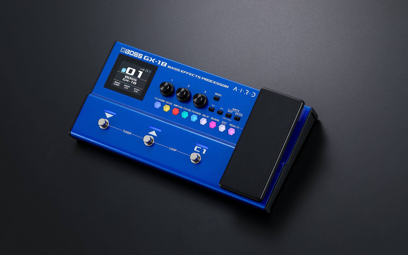 BOSS GX-1B  
BASS EFFECTS PROCESSOR  

MEMORY LEVEL  
OUTPUT LEVEL  

MENU  
FXA/COMP  
OD/DS  
AMPICAD  
FX2/EQ  
EXIT  
WRITE  
FX3/MOD  
ENTER  
DELAY  
REVERB  
EDIT  
PEDAL  
LOOP  

TUNER  
LOOP