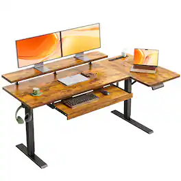 AODK - Reversible L-Shaped Electric Standing Desk with Drawers, Power Outlets, Keyboard Tray & Monitor Stand - Brown