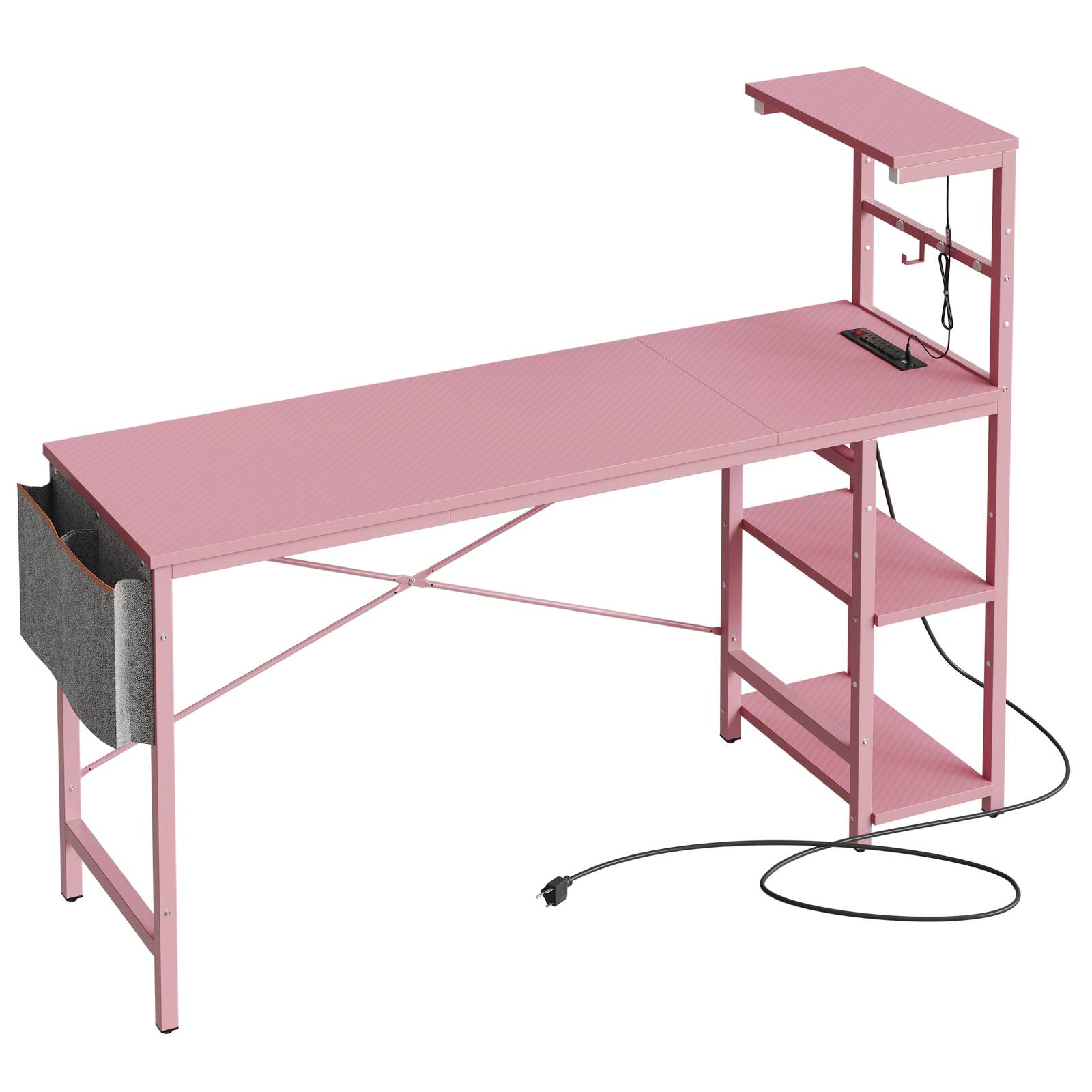Alt View 6. Bestier - Bestier 61" Gaming Desk with Power Outlets LED 4-Tier Reversible Shelves Headset Hook - Pink.