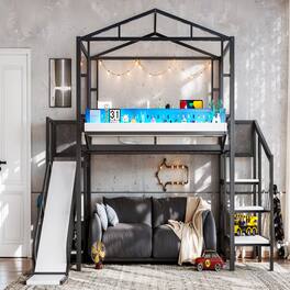 Boyel Living - Twin Size Loft Bed with Storage Stairs Shelves and Built in Wardrobe Metal Loft Bed Frame - Black