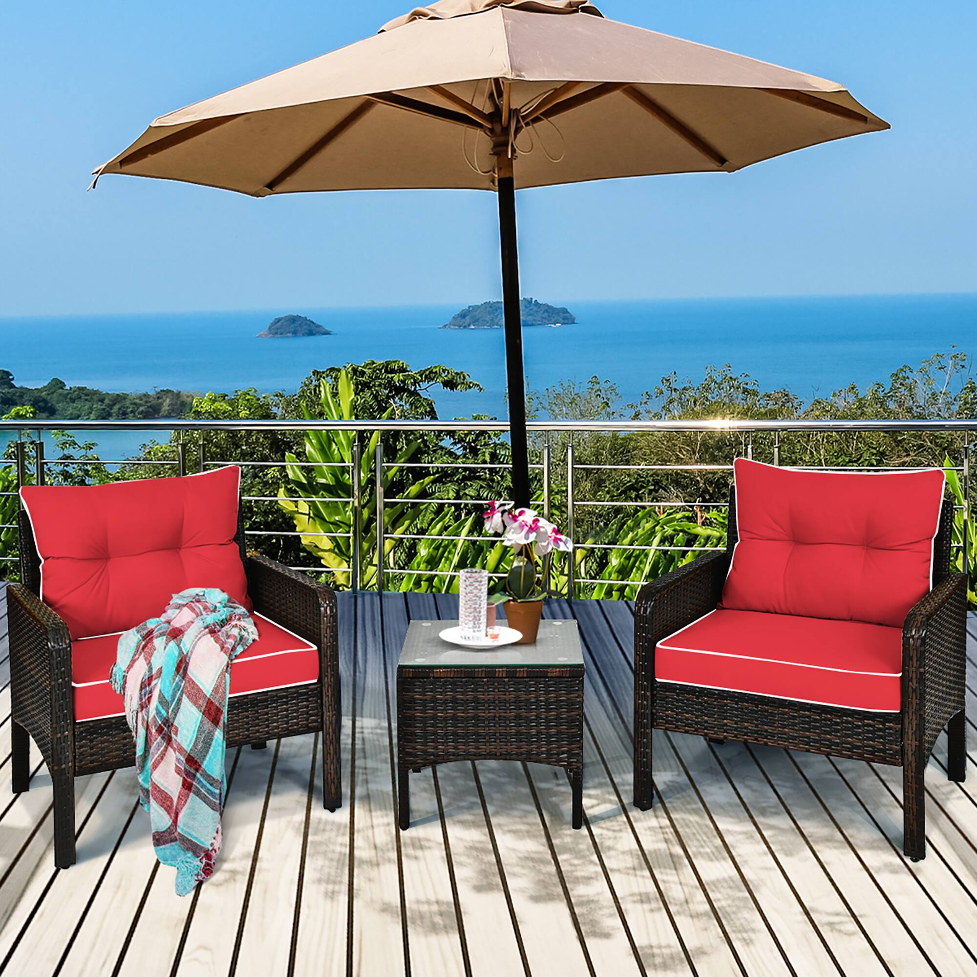 Alt View 1. Costway - 3PCS Outdoor Rattan Conversation Set Patio Furniture Cushioned Sofa Chair - Red.