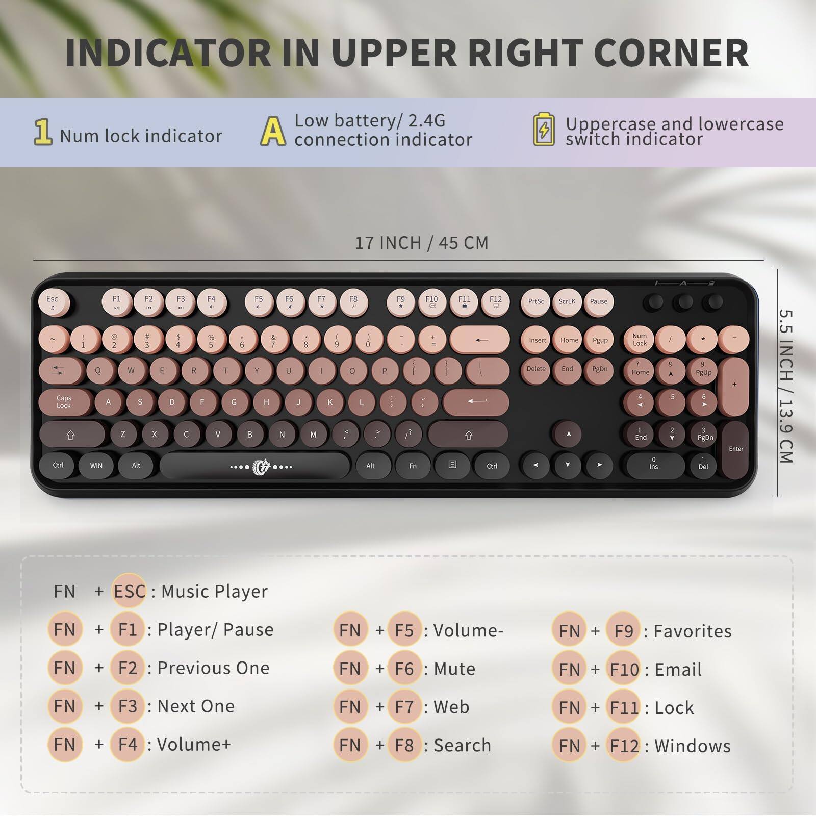 **INDICATOR IN UPPER RIGHT CORNER**

1. Num lock indicator
2. Low battery/2.4G connection indicator
3. Uppercase and lowercase switch indicator

**17 INCH / 45 CM**

**5.5 INCH / 13.9 CM**

**FN + ESC:** Music Player  
**FN + F1:** Player/ Pause  
**FN + F2:** Previous One  
**FN + F3:** Next One  
**FN + F4:** Volume+  
**FN + F5:** Volume-  
**FN + F6:** Mute  
**FN + F7:** Web  
**FN + F8:** Search  
**FN + F9:** Favorites  
**FN + F10:** Email  
**FN + F11:** Lock  
**FN + F12:** Windows