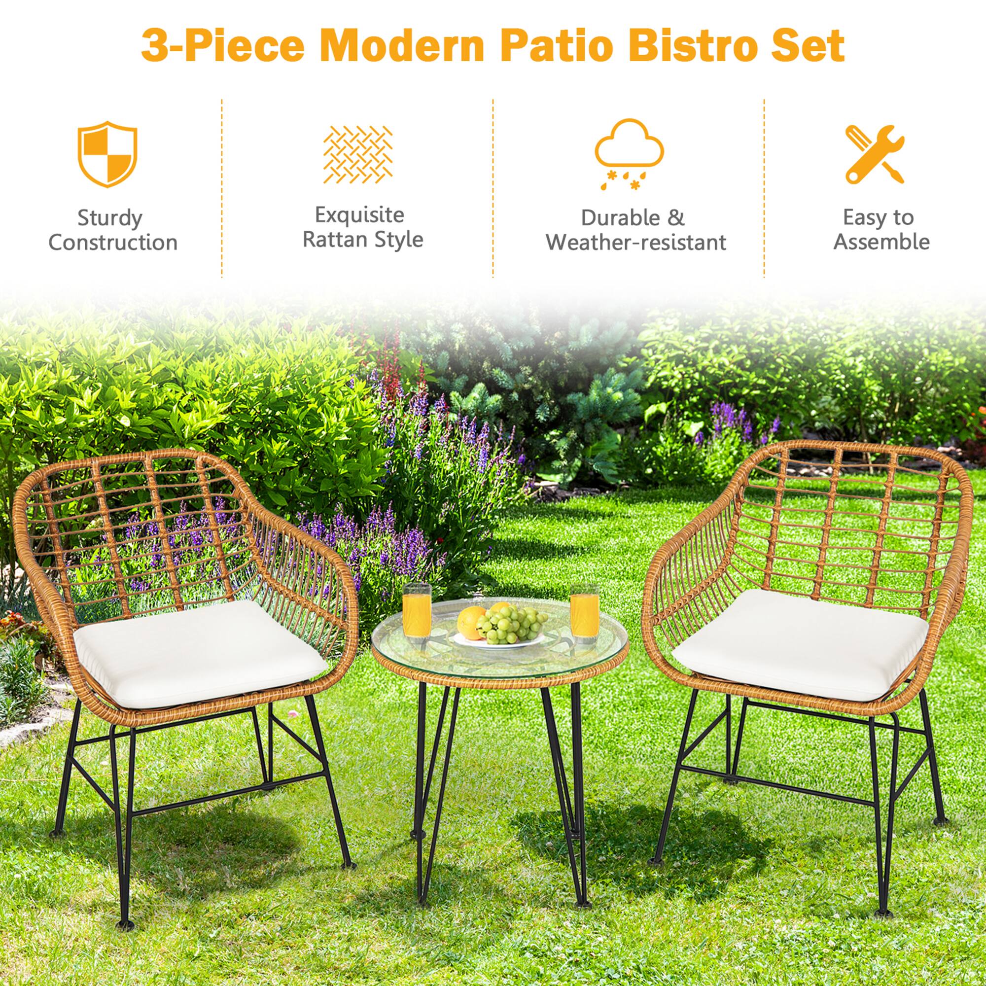 3-Piece Modern Patio Bistro Set

- Sturdy Construction
- Exquisite Rattan Style
- Durable & Weather-resistant
- Easy to Assemble