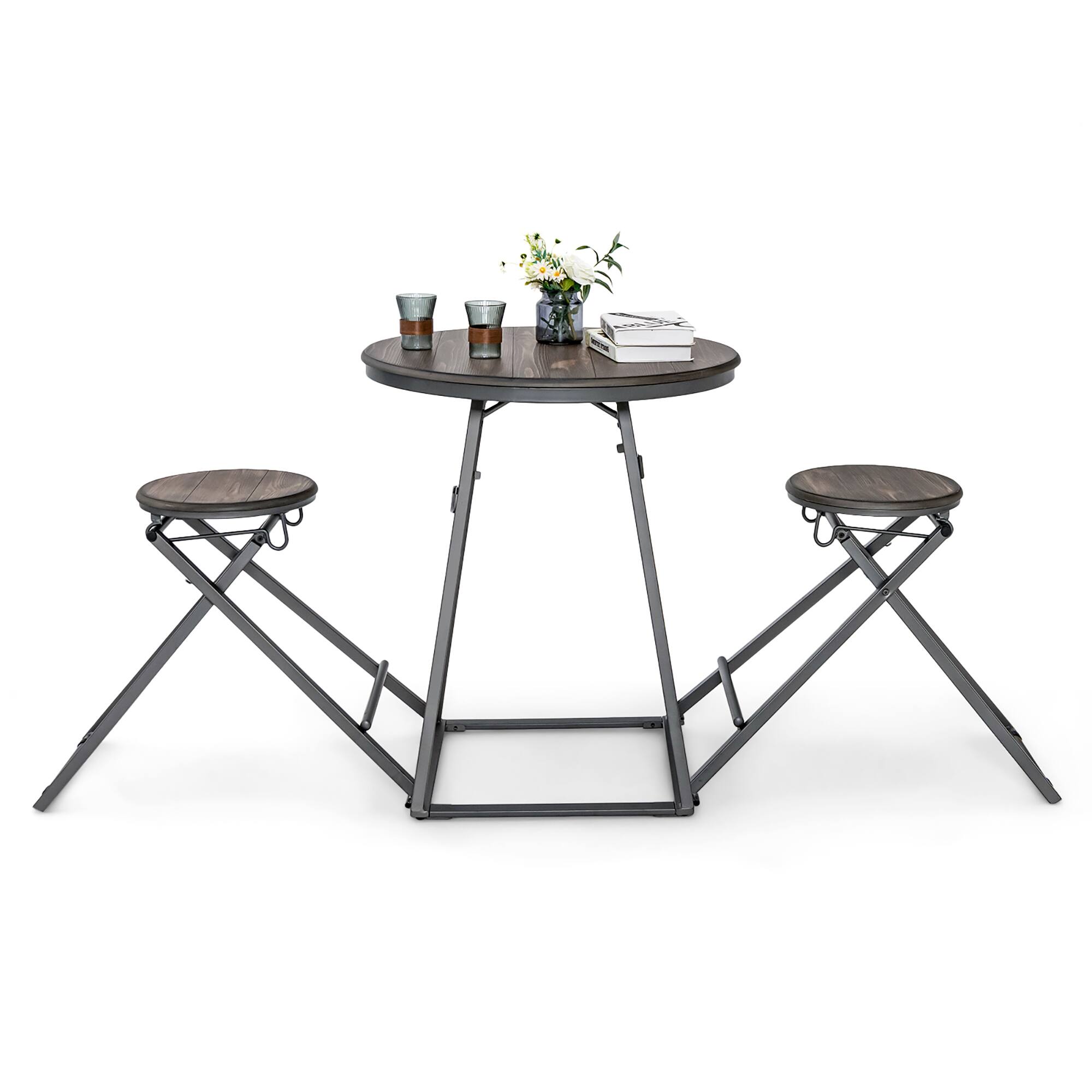 Costway - 3-Piece Bar Table Set Round Pub Dining Table & 2 Foldable Stools w/ Metal Frame - Gray
