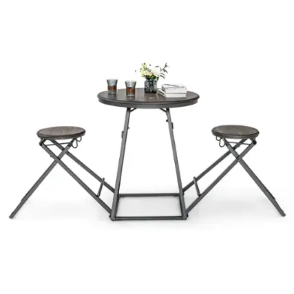 Costway - 3-Piece Bar Table Set Round Pub Dining Table & 2 Foldable Stools w/ Metal Frame - Grey