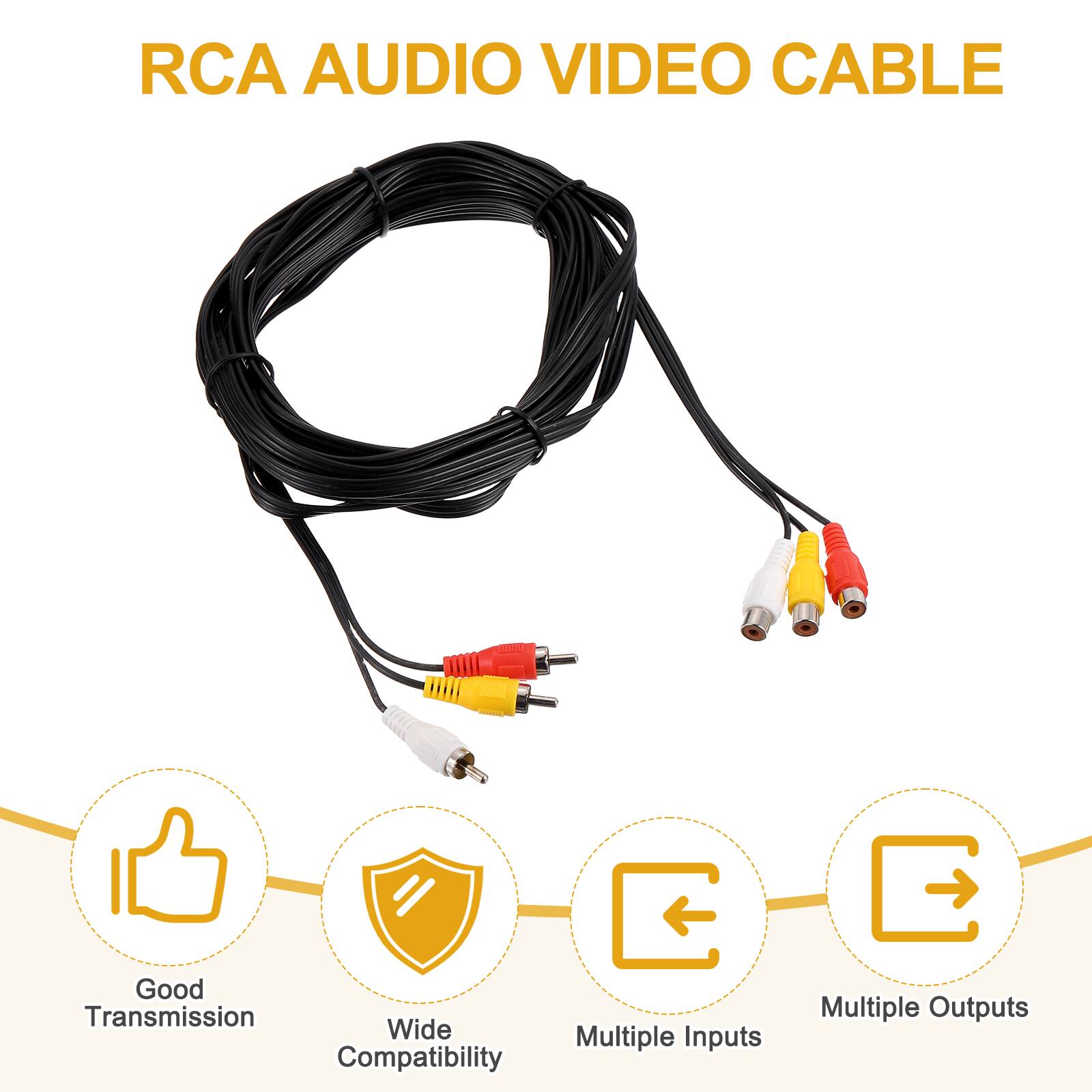 RCA AUDIO VIDEO CABLE

- Good Transmission
- Wide Compatibility
- Multiple Inputs
- Multiple Outputs