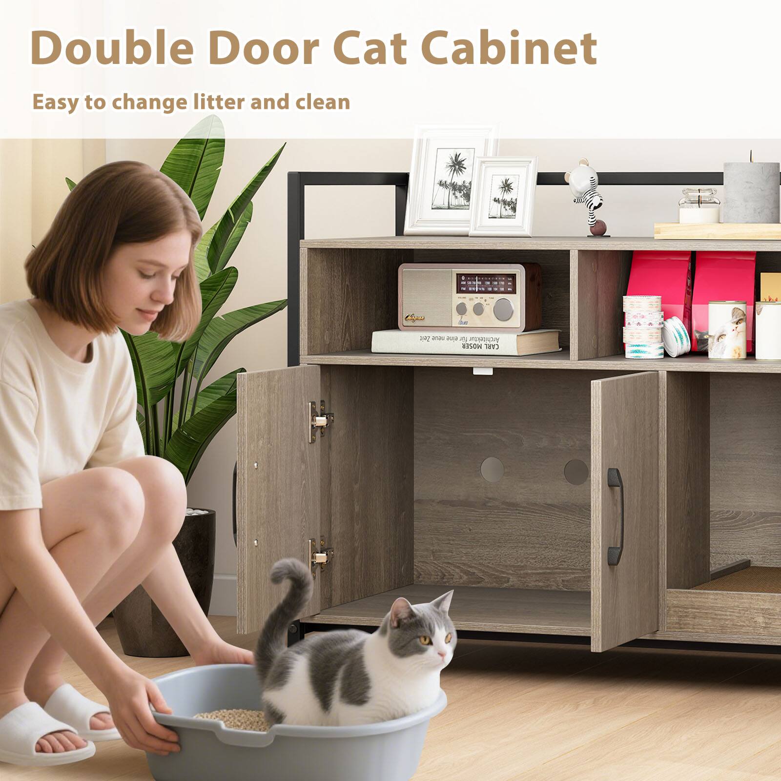 Double Door Cat Cabinet  
Easy to change litter and clean