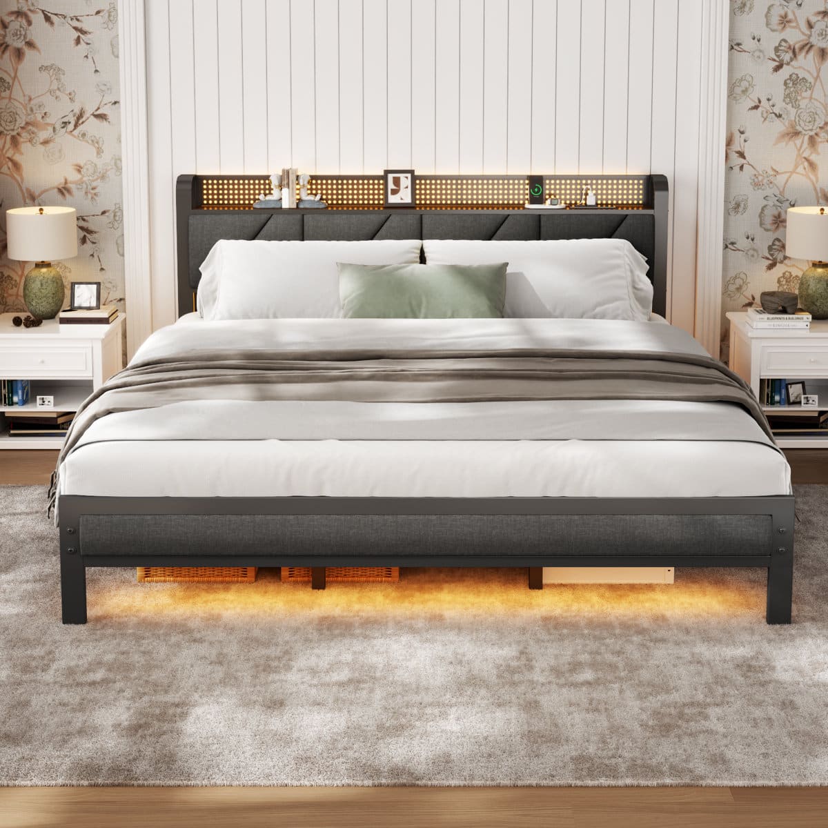 Furnulem - Metal Storage Bed Frame with Upholstered Storage Headboard & Charging Station & RGB LED - Brown