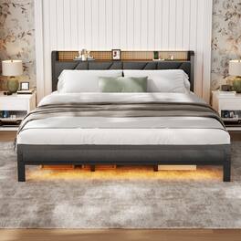 Furnulem - Metal Storage Bed Frame with Upholstered Storage Headboard & Charging Station & RGB LED - Brown