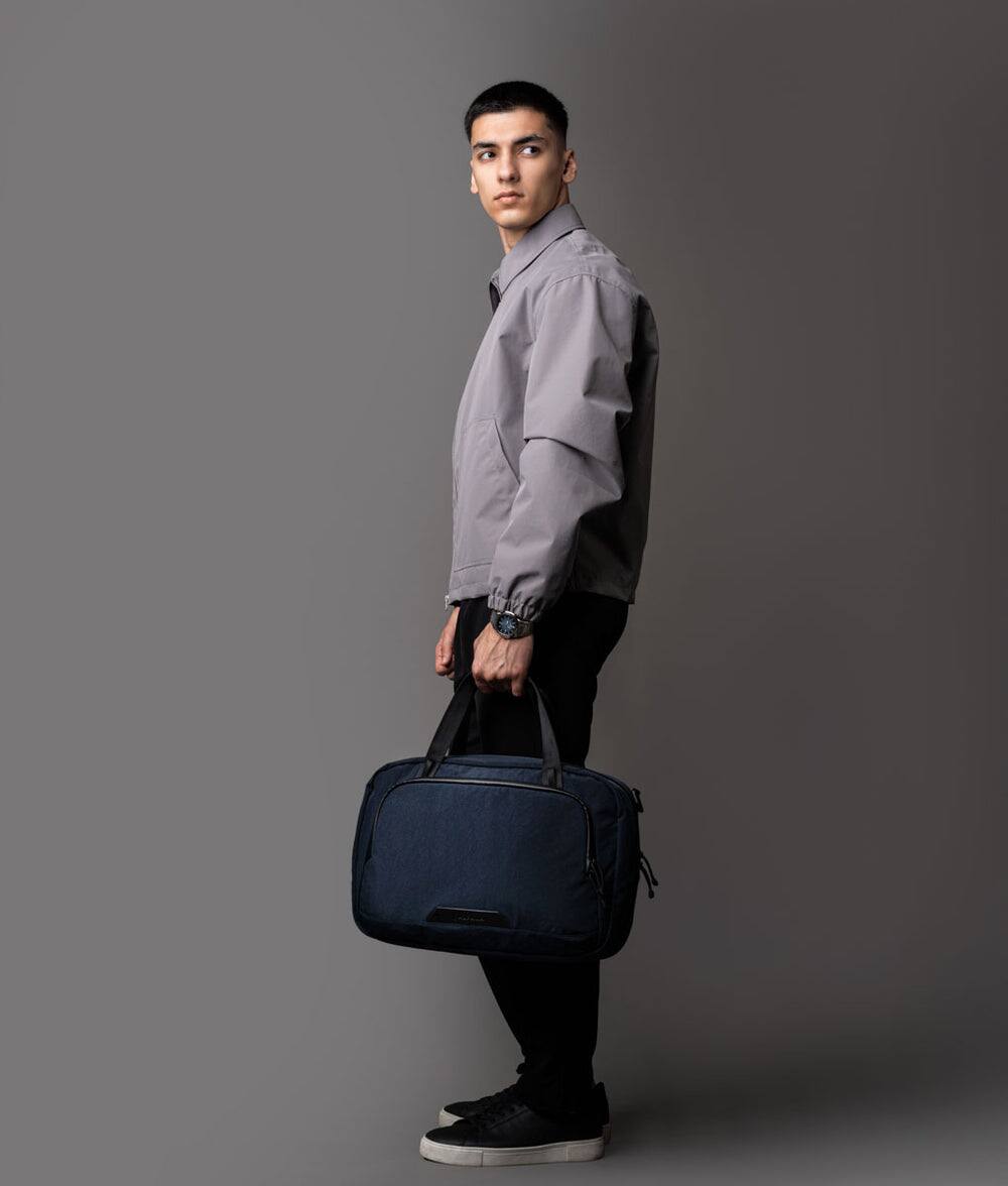 Angle. ALPAKA - Bravo Brief 16 Inch Laptop Briefcase,Messenger Bag for Men and Women, Business Shoulder Bag for Work Travel - Moonlight Blue Axoflux 400D Ripstop Nylon.