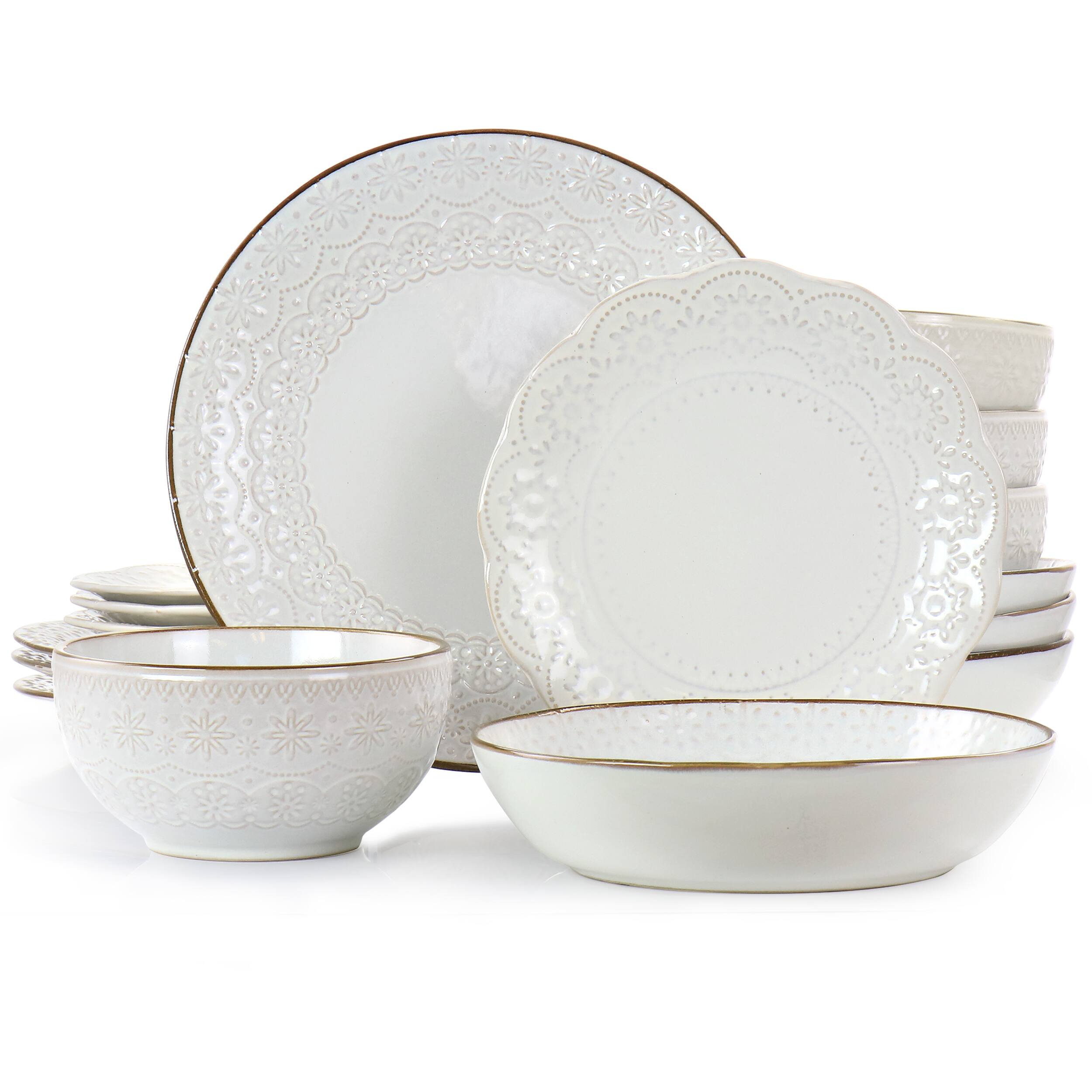 Alt View 9. Elama - Elama Countess 16 Piece Embossed Double Bowl Stoneware Dinnerware Set in Ivory - Ivory.