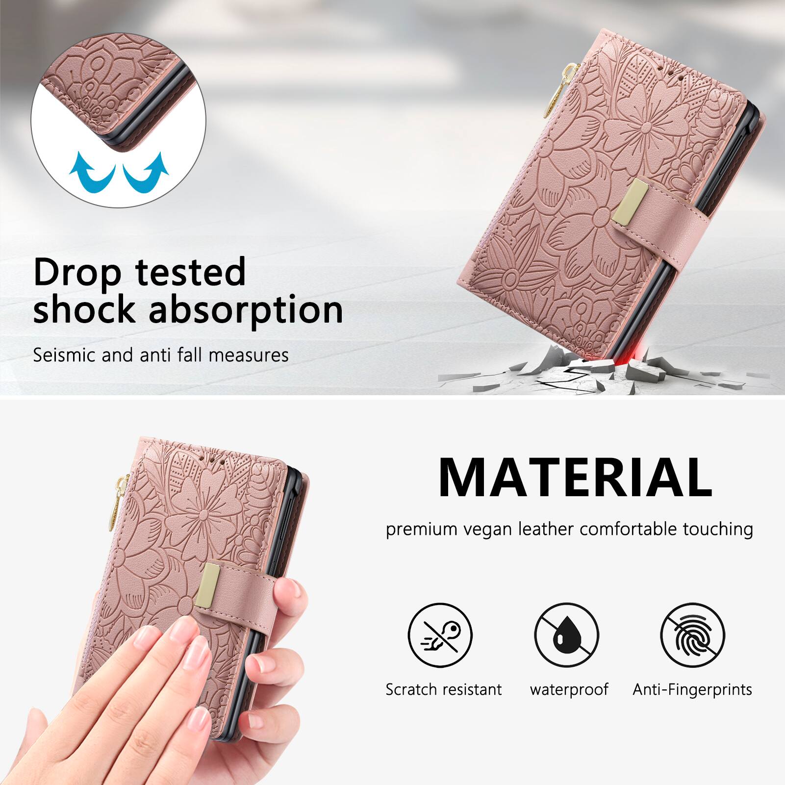 Drop tested shock absorption  
Seismic and anti fall measures

MATERIAL  
premium vegan leather comfortable touching

Scratch resistant  
waterproof  
Anti-Fingerprints