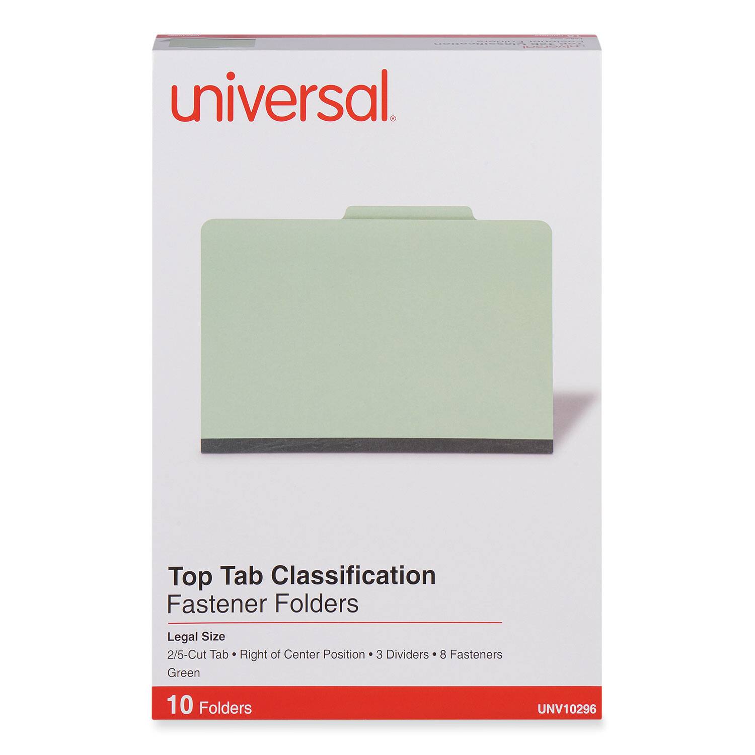 Universal  
Top Tab Classification Fastener Folders  
Legal Size  
2/5-Cut Tab • Right of Center Position • 3 Dividers • 8 Fasteners  
Green  
10 Folders  
UNV10296