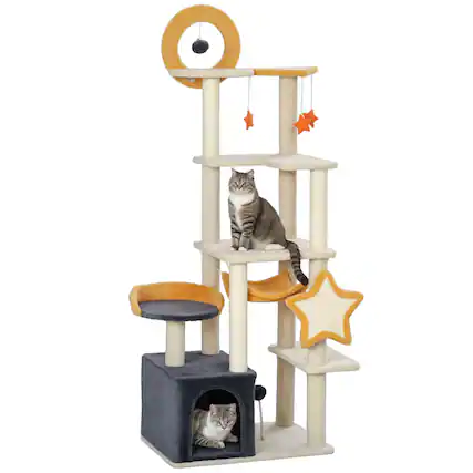 Front. Pawhut - 63" Cat Tower for Large Adult Indoor Cats, Moon and Star Themed with Scratching Post, Hammock, Condo, Bed, Board & Toys - Beige.
