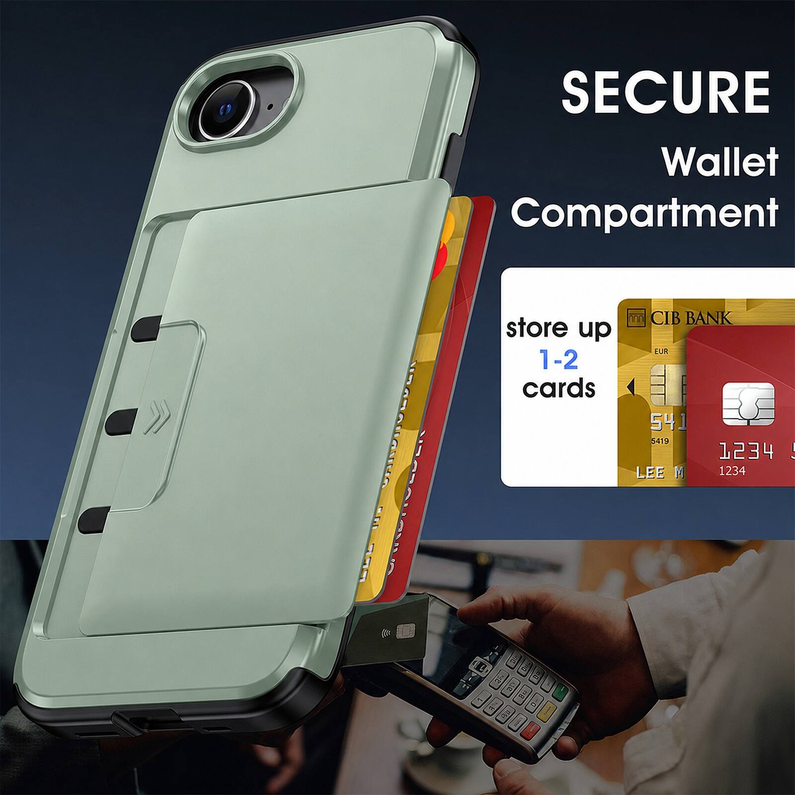 SECURE Wallet Compartment

VM - CHRDITVED INDITOPER START M

store up 1-2 cards

CIB BANK EUR

541 5419 1234

LEE M 1234