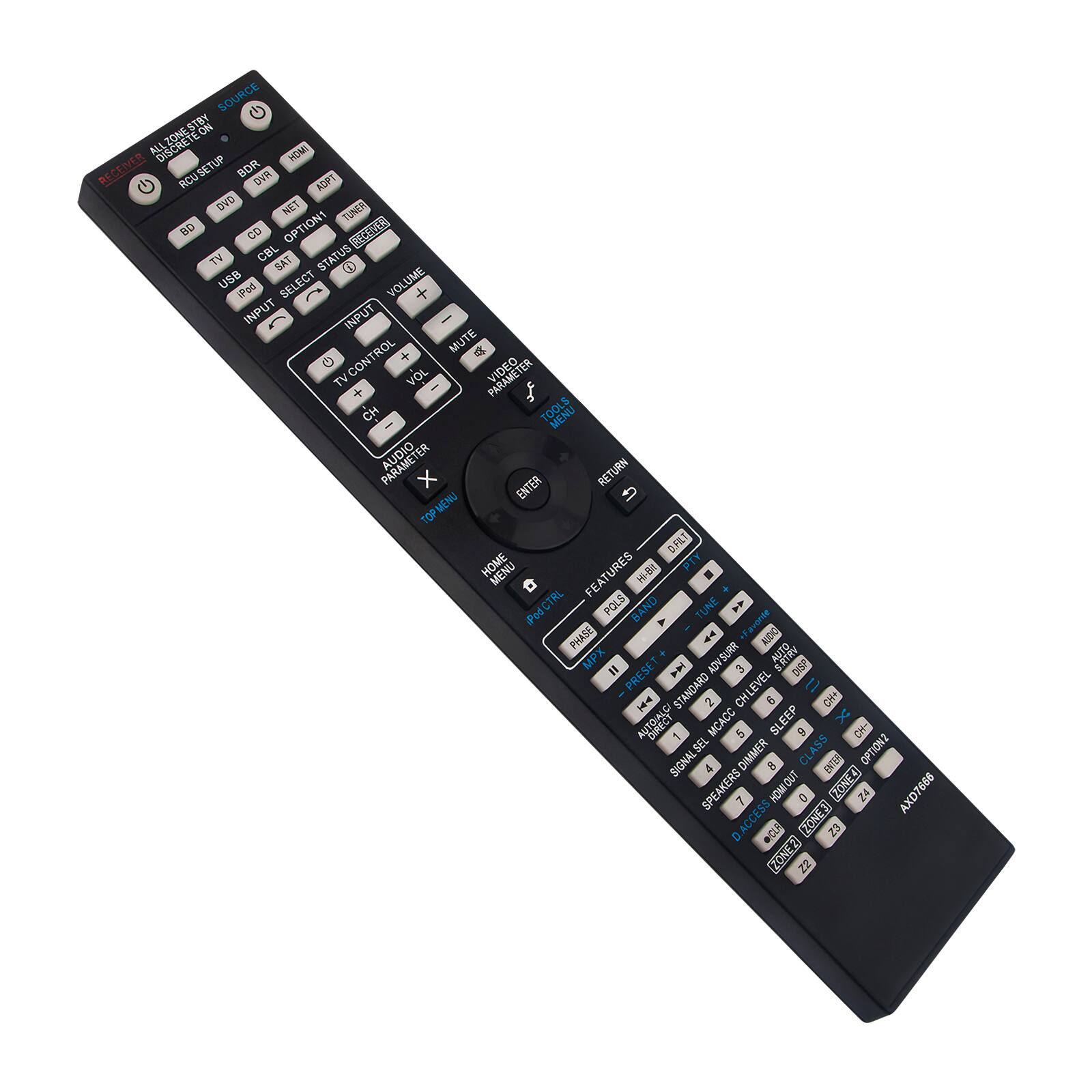 Sure, here is the corrected and grouped text from the image:

**Top Section:**
- SOURCE
- ALLZONESTRY
- KOMI RECEIVER
- RCU SETUP
- DVR
- RCU ADPT
- DVD
- NET
- TONER
- BD
- DD
- OPTION1
- TV
- CBL
- EAT
- STATUS
- USB
- Pod
- SELECT
- VOLUME
- +
- INPUT
- INPUT
- MUTE
- CONTROL
- +
- TV
- VOL
- VIDEO
- +
- CH
- MENU
- -
- AUDIO
- RETURN
- X
- ENTER
- TOP-MENU
- D.FILT
- HOME
- PTY
- MENU
- FEATURES
- H-B
- PHECTAL
- POLS
- BAND
- TUNE
- PHASE
- 4
- Faronte
- ALDIO
- ADVSURR
- MPX
- "I
- P
- i
- AMLE'S
- PRESET
- STANDARD
- CHLEVEL
- I
- P
- CH+
- AUTOIALC
- MC