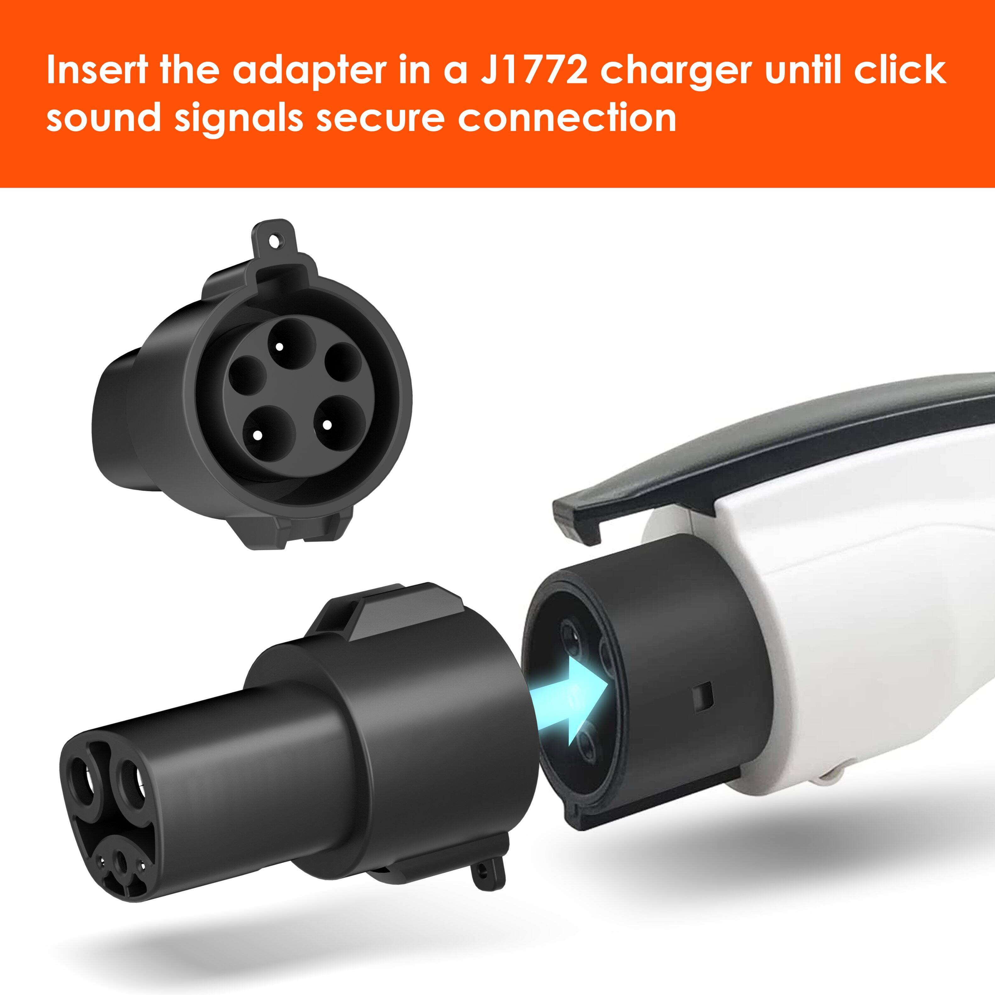 Insert the adapter in a J1772 charger until click sound signals secure connection