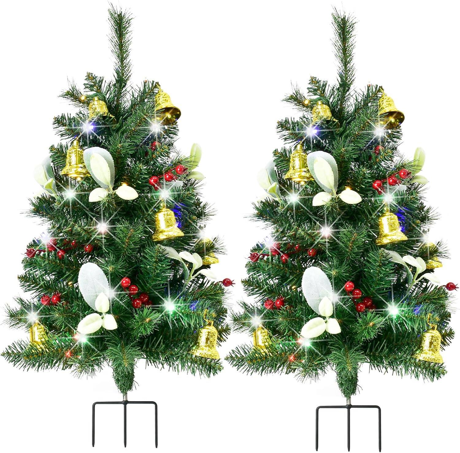Front. Wikistore - WIKISTORE Set of 2 Outdoor Pre lit Christmas Trees with 80 LED Lights Multi Color Decor - Green.