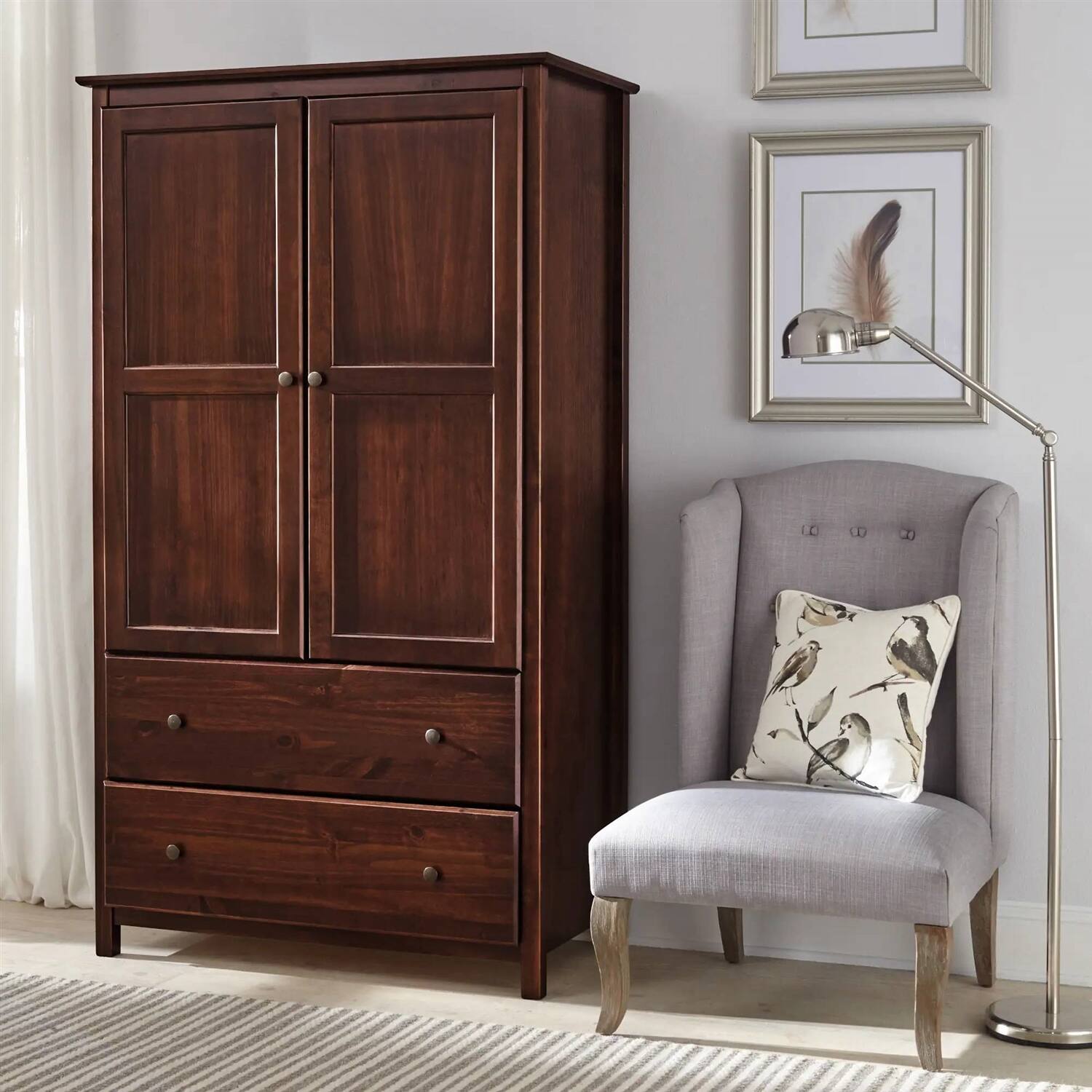 Left. Hivvago - Solid Wood Bedroom Armoire Wardrobe Cabinet with Hanging Bar in Cherry Finish - Brown.