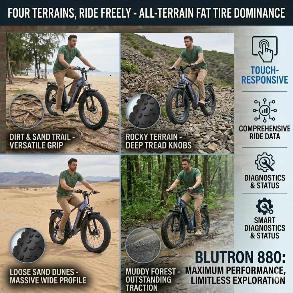 FOUR TERRAINS, RIDE FREELY - ALL-TERRAIN FAT TIRE DOMINANCE

- DIRT & SAND TRAIL - VERSATILE GRIP
- ROCKY TERRAIN - DEEP TREAD KNOBS
- LOOSE SAND DUNES - MASSIVE WIDE PROFILE
- MUDDY FOREST - OUTSTANDING TRACTION

TOUCH-RESPONSIVE

COMPREHENSIVE RIDE DATA

DIAGNOSTICS & STATUS

SMART DIAGNOSTICS & STATUS

BLUTRON 880: MAXIMUM PERFORMANCE, LIMITLESS EXPLORATION