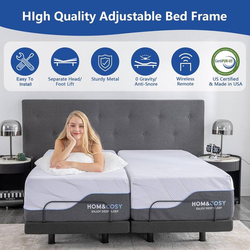 High Quality Adjustable Bed Frame, CertiPUR-US, Easy To Install, Separate Head/ Foot Lift, Sturdy Metal, 0 Gravity/ Anti-Snore, Wireless Remote, US Certified & Made in USA, HOM&COSY ENJOY DEEP SLEEP, HOM&COSY ENJOY DEEP SLEEP