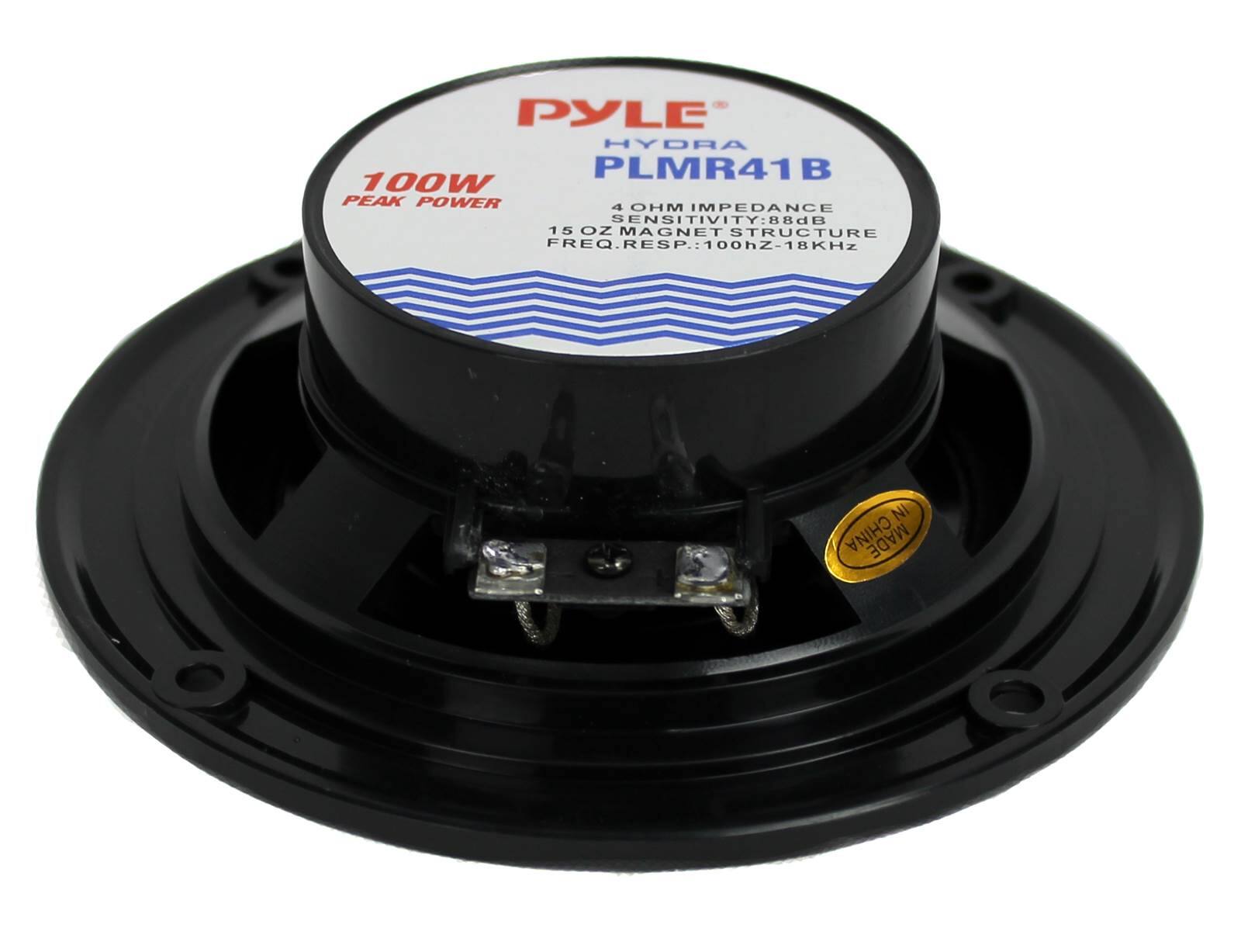 PYLE HYDRA PLMR41B  
100W PEAK POWER  
4 OHM IMPEDANCE  
SENSITIVITY: 88dB  
15 OZ MAGNET STRUCTURE  
FREQ. RESP.: 100Hz-18KHz  
MADE IN CHINA