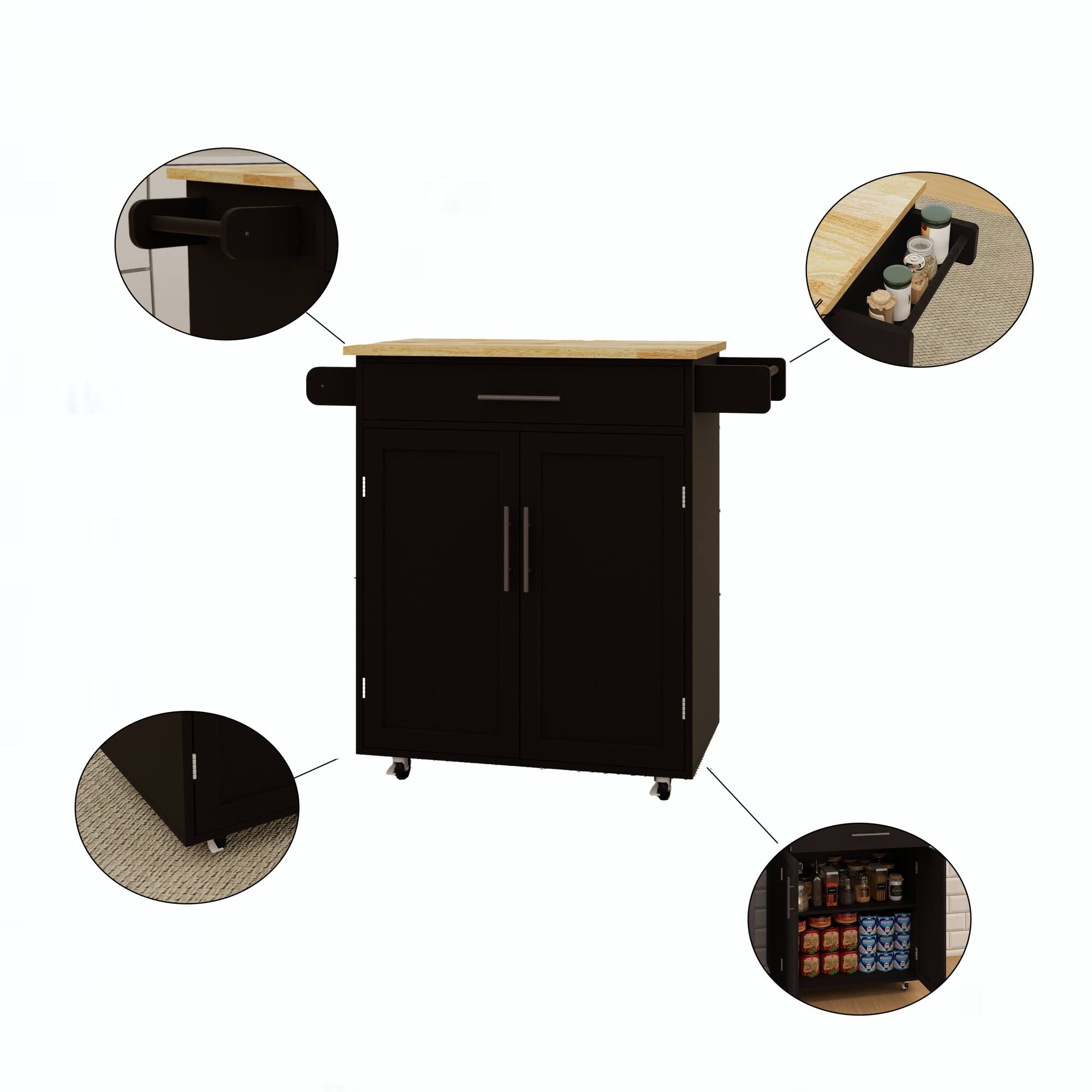 Alt View 4. ELEMENT ACE - Versatile Kitchen Island Cart with Adjustable Shelves, Drawer, Doors, Towel Rack, and Seasoning Rack - Black.