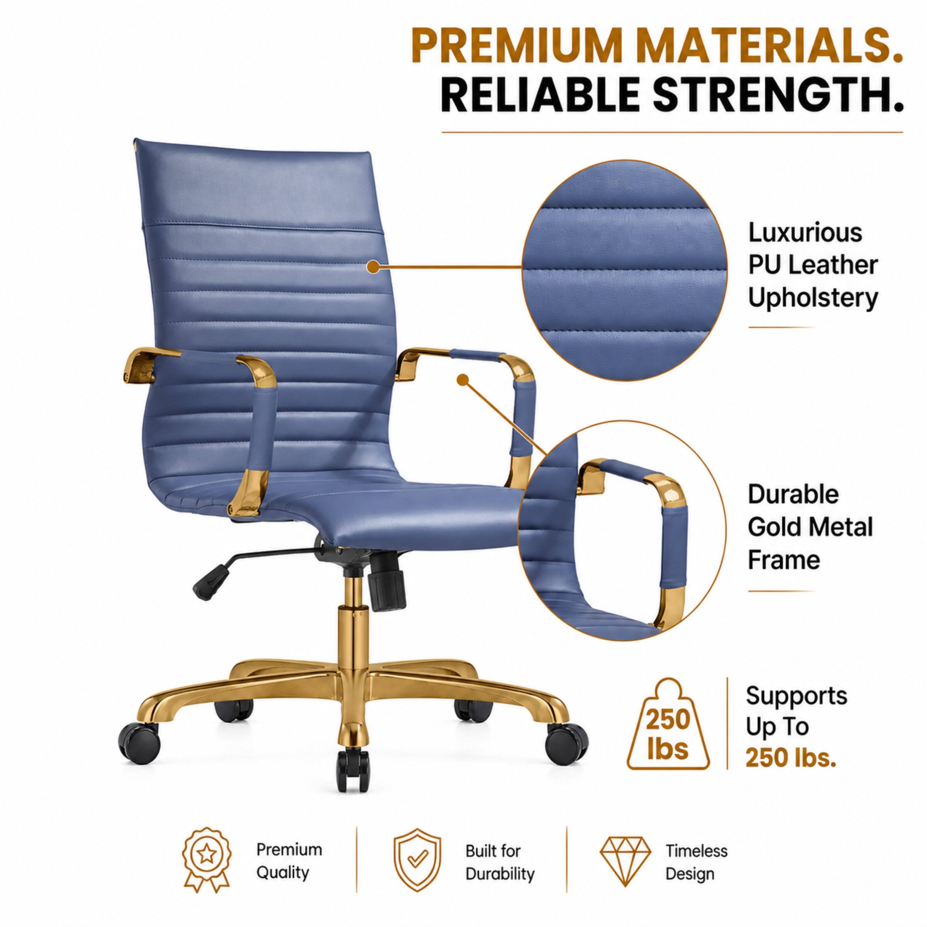 PREMIUM MATERIALS. RELIABLE STRENGTH.

Luxurious PU Leather Upholstery

Durable Gold Metal Frame

Supports Up To 250 lbs.

Premium Quality

Built for Durability

Timeless Design