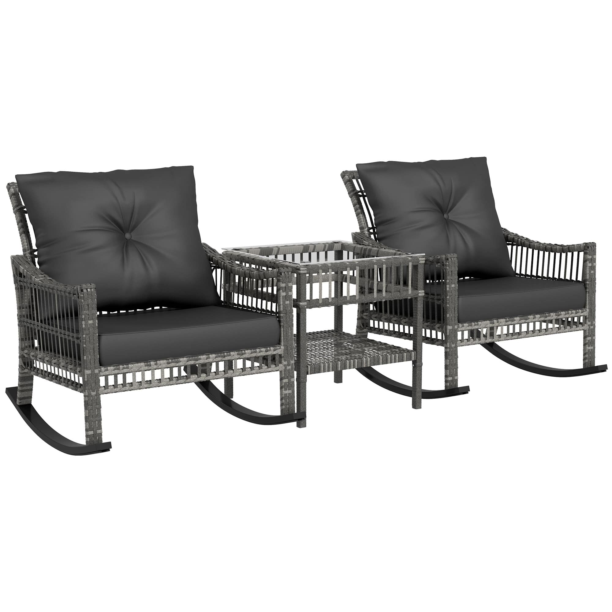 Outsunny - Wicker Outdoor Rocking Chair Set, 3 Piece Patio Furniture Set with Padded Cushions and Storage Coffee Table - Gray
