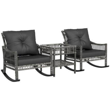 Front. Outsunny - Wicker Outdoor Rocking Chair Set, 3 Piece Patio Furniture Set with Padded Cushions and Storage Coffee Table - Gray.